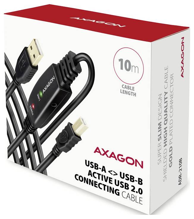 Axagon aktivní USB 2.0 spojovací kabel 10 m, krabice pro USB-A na USB-B, se štíhlými pozlacenými konektory a označením délky kabelu.