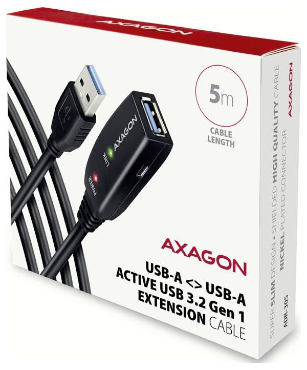 AXAGON USB-A na USB-A aktivní USB 3.2 Gen 1 prodlužovací kabel v krabici, délka 5 m, s zobrazením USB konektorů.