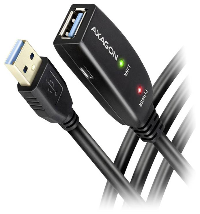 USB 3.0 adaptér prodlužovací s vidličkovými a zásuvkovými konektory, označený 'AXAGON', zobrazující zelené světlo indikátoru 'LINK' a červené světlo indikátoru 'POWER'.
