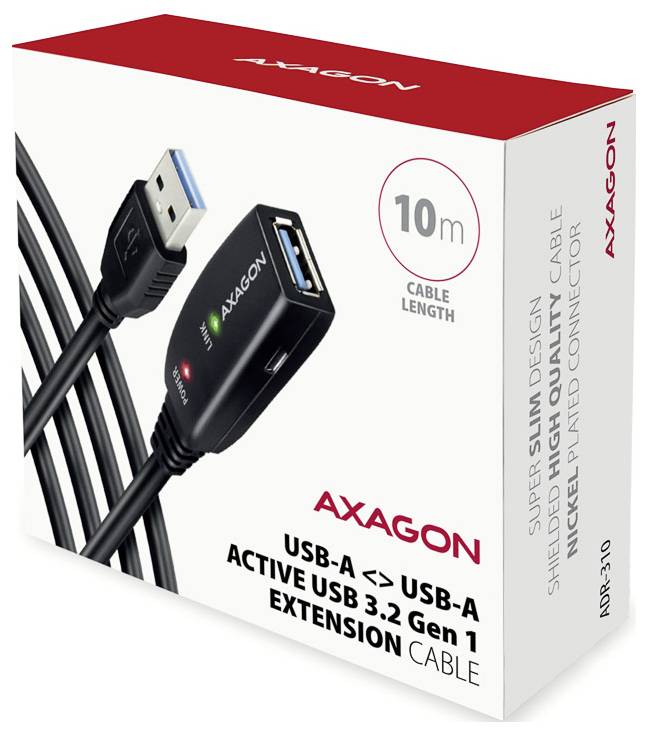 AXAGON aktivní USB 3.2 Gen 1 prodlužovací kabel USB-A na USB-A, délka 10 m, s kompaktním designem a napájeným konektorem.