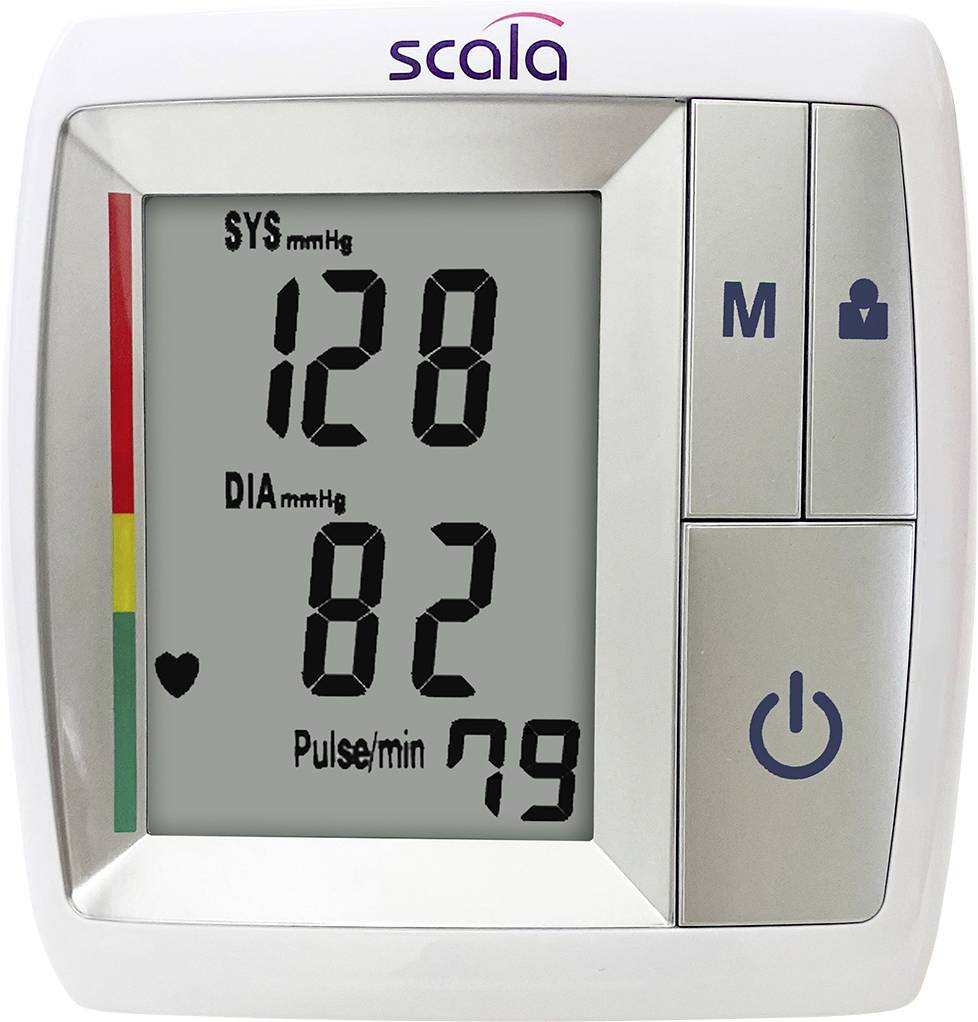Digitální tlakoměr krve zobrazující 128 systolický, 82 diastolický a puls 79 bpm, se symbolem srdeční frekvence a indikátorem stupnice.