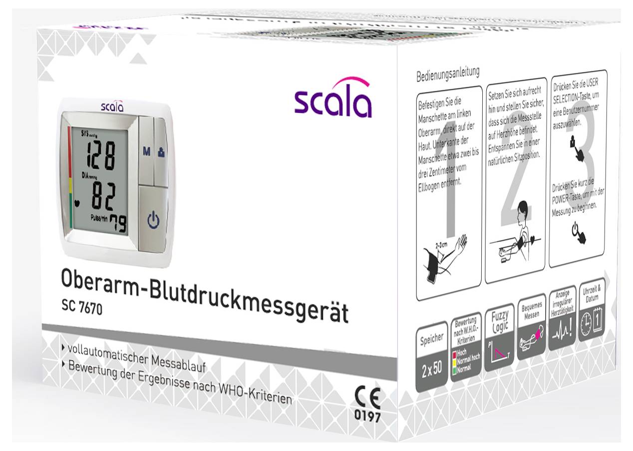 Krabice tonometru Scala na horní rameno s detaily produktu. Zobrazuje obrázek zařízení, model SC 7670 a rozsah měření.
