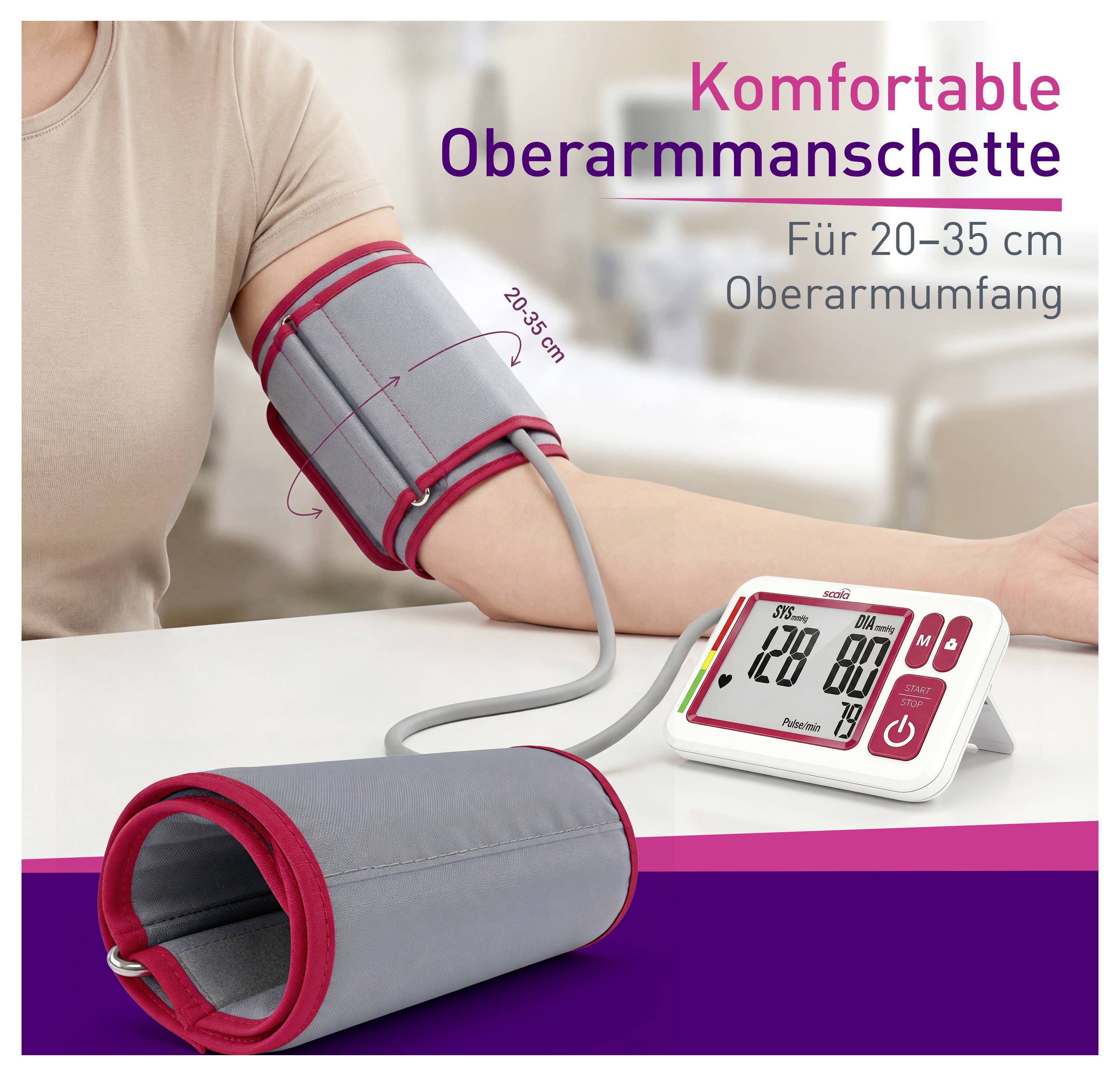 Tonometr na měření krevního tlaku na paži s manžetou pro obvod paže 20–35 cm; zobrazuje nasazenou manžetu a měřící přístroj na stole.