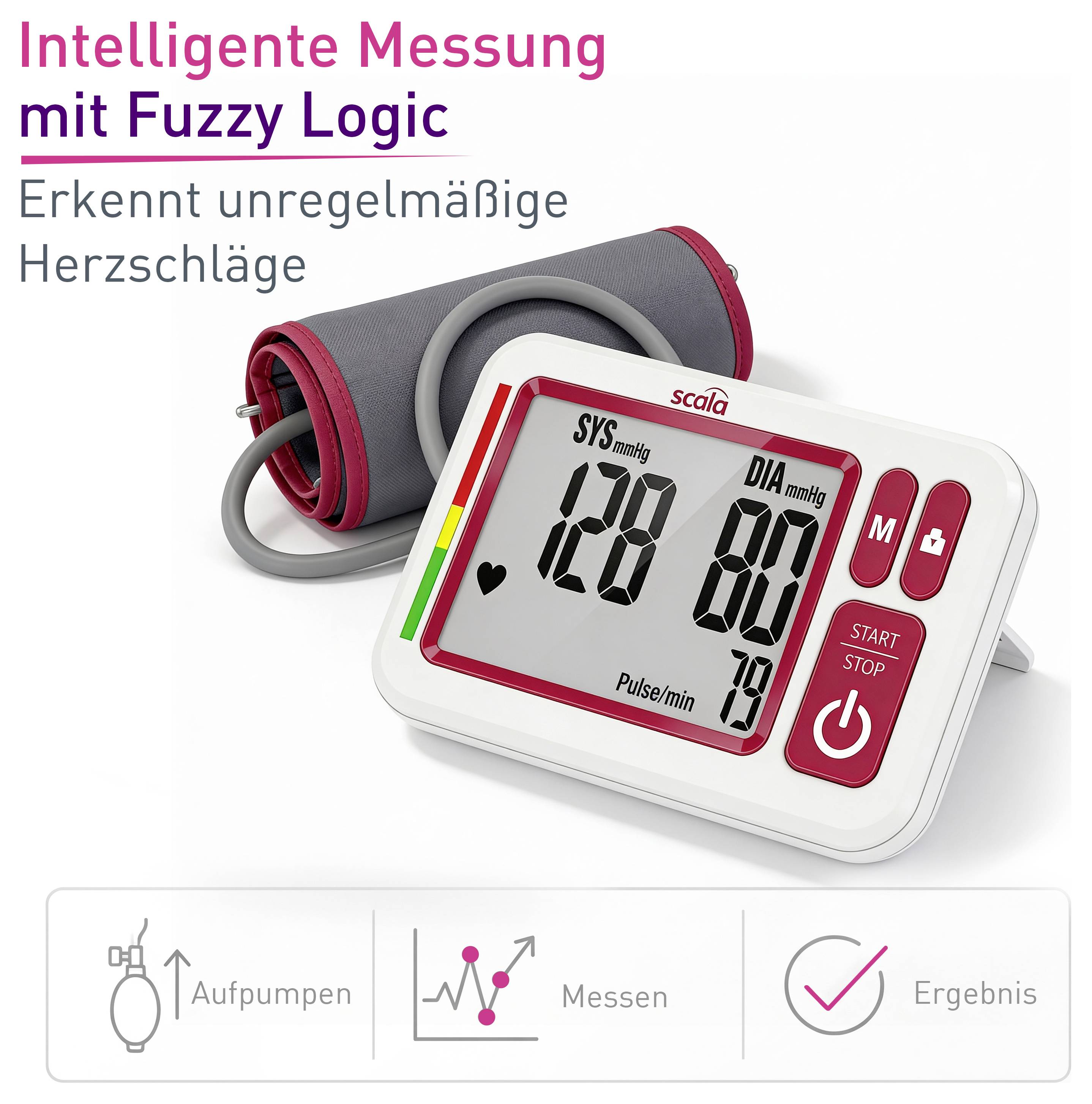 Reklamní grafika tonometru s manžetou; text "Inteligentní měření s Fuzzy Logic" a upozornění na nepravidelné srdeční údery.
