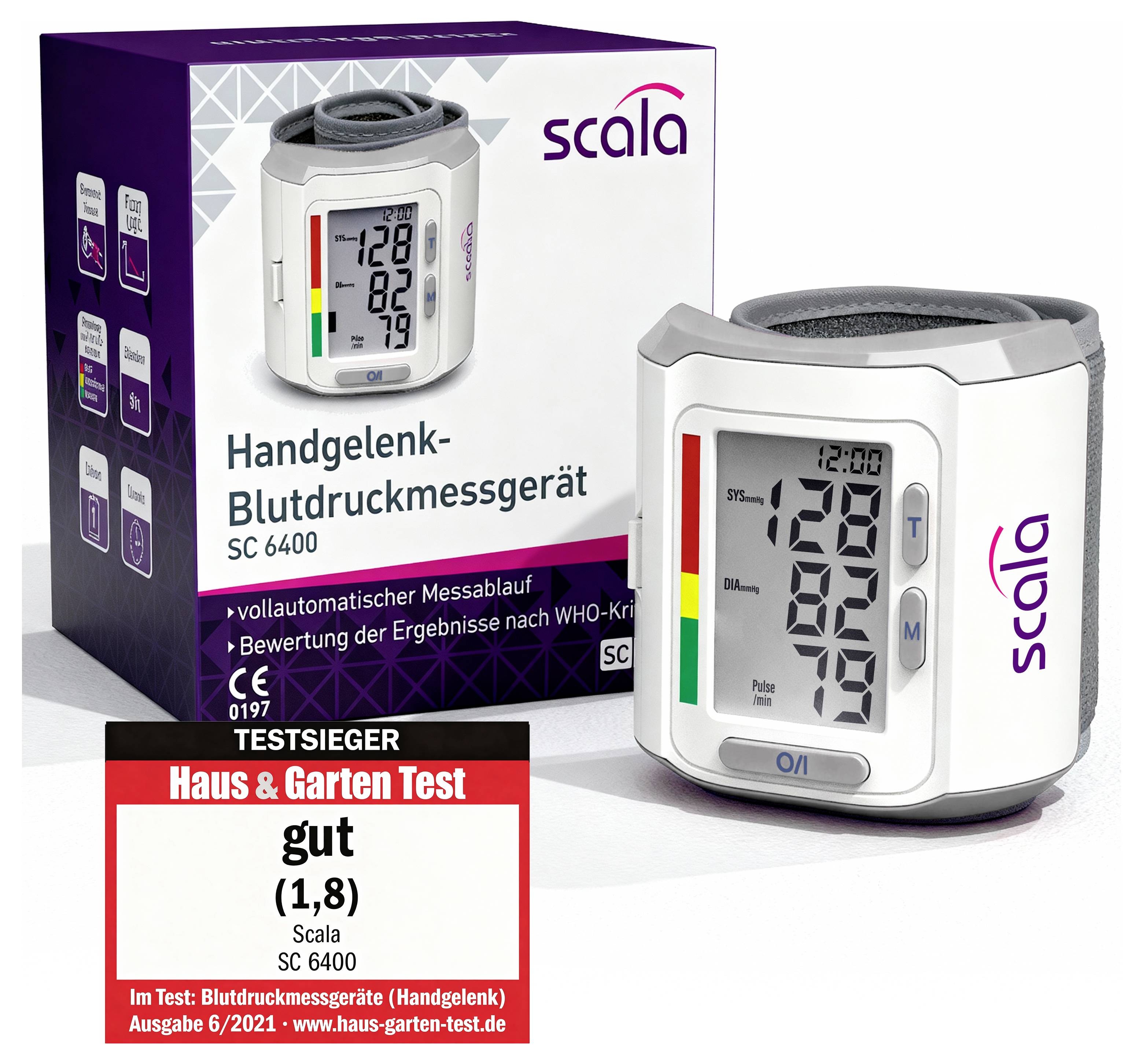 Balení a přístroj zápěstního tlakoměru scala SC 6400 s displejem a testovací pečetí 'Haus & Garten Test dobrý (1,8)'.