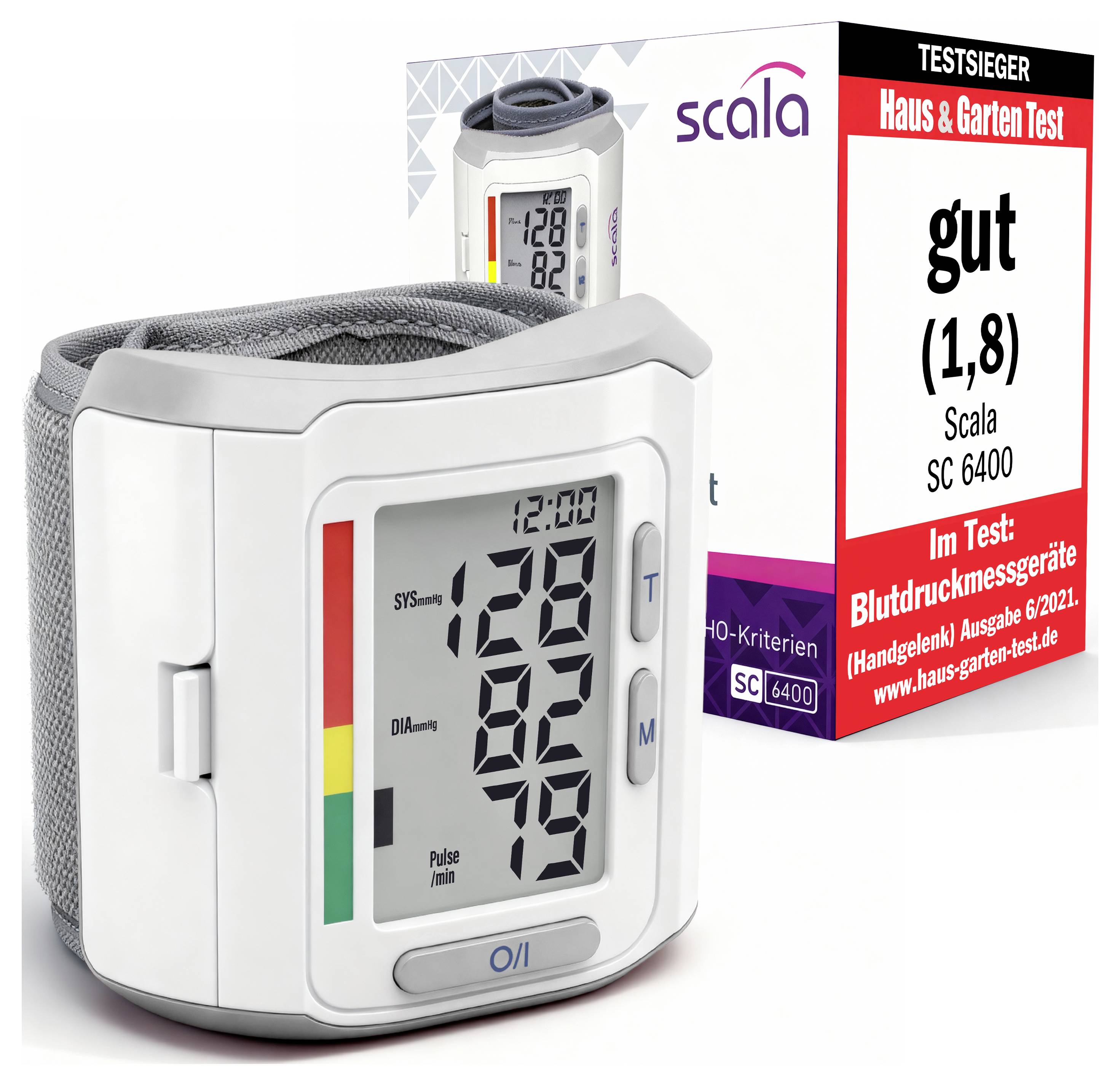 Tonometr na zápěstí s displejem a balením; Testovací pečeť "Haus & Garten Test" s hodnocením "dobrý (1,8)" pro Scala SC 6400.