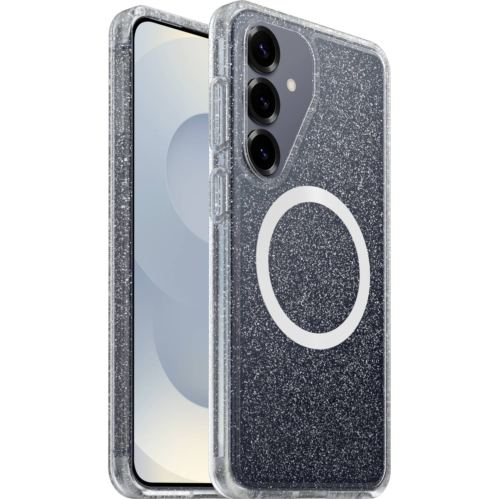 Dva lesklé průhledné obaly na telefon zobrazené zepředu a zezadu, s bílým magnetickým kroužkem MagSafe a trojitým výřezem fotoaparátu na chytrém telefonu.