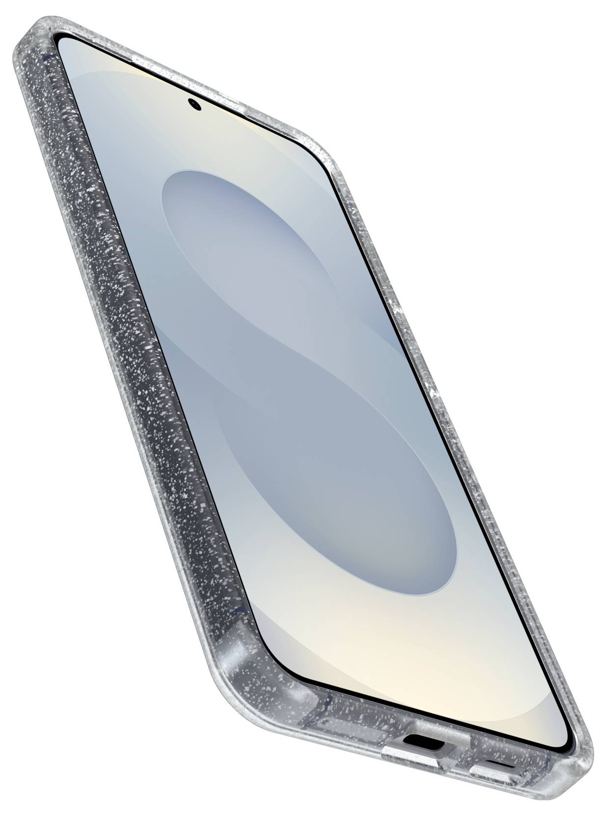 Smartphone zobrazený v úhlu v čiré ochranné pouzdře s prázdnou obrazovkou a centrálním výřezem přední kamery.