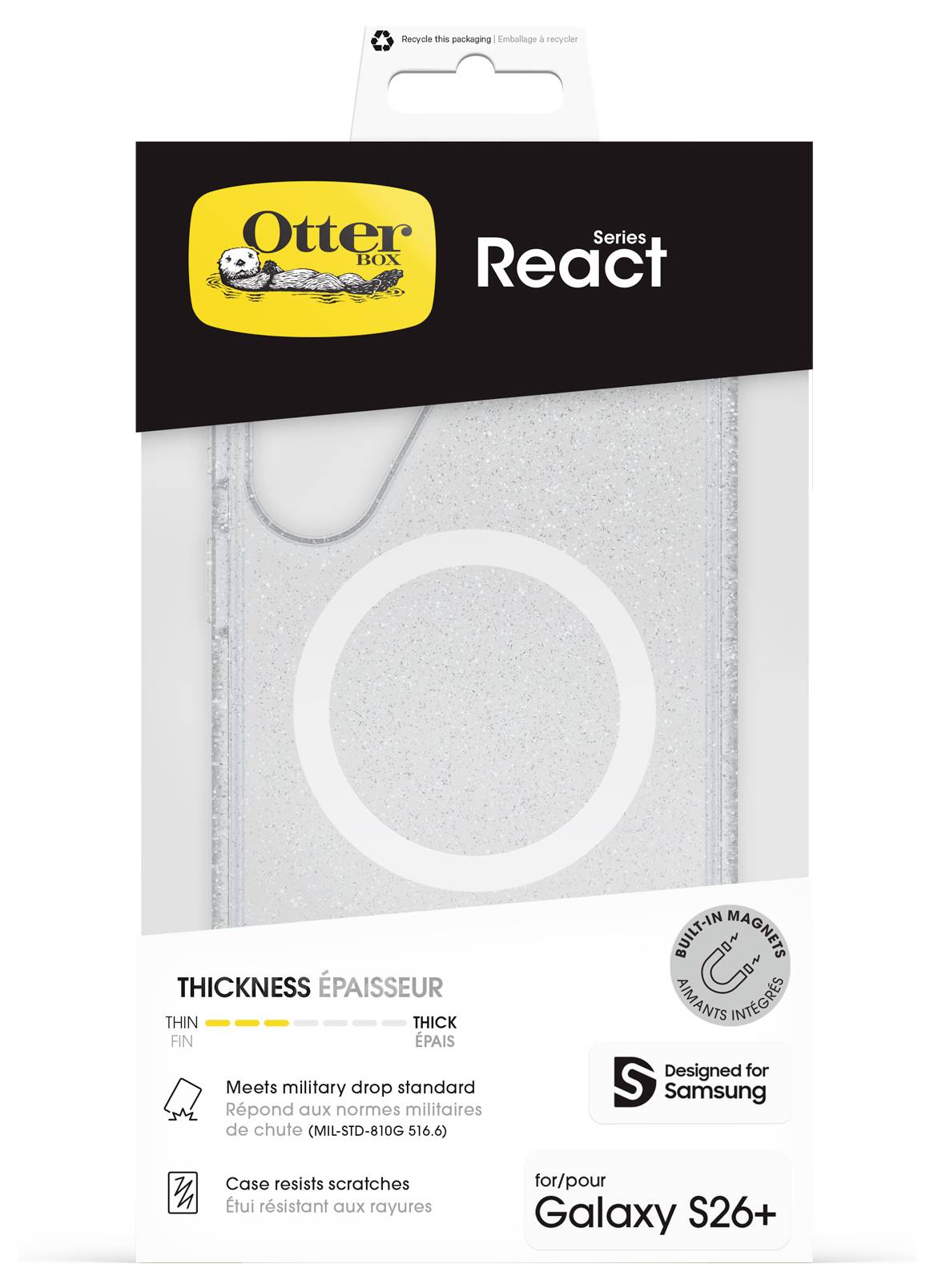 Pouzdro OtterBox React pro Galaxy S26+, průsvitný tenký design s vojenskou ochranou proti pádu a kompatibilitou s MagSafe.