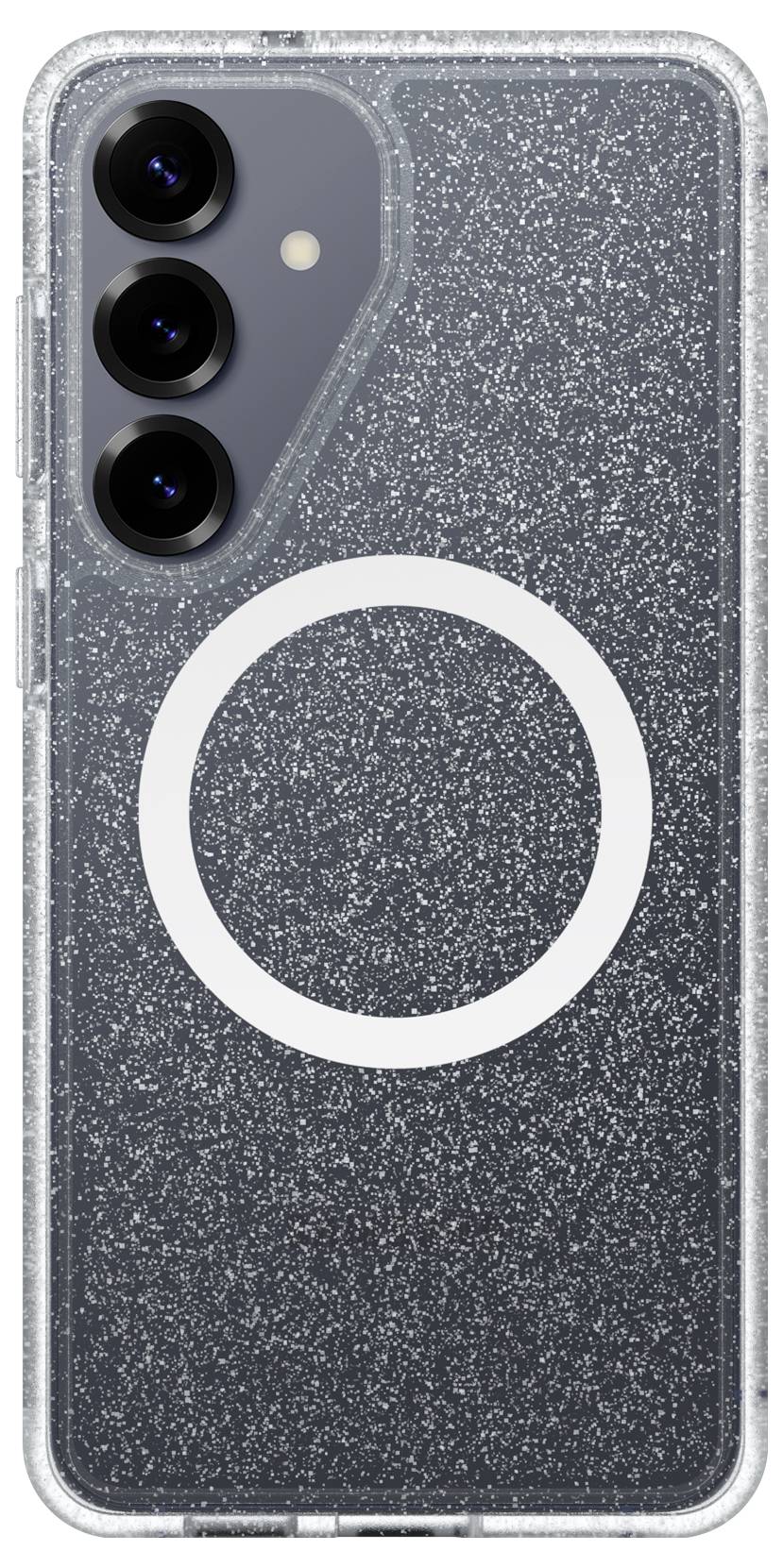 Smartphone v průsvitném třpytivém pouzdru s bílým kroužkem ve stylu MagSafe a viditelným trojitým zadním fotoaparátem v levém horním rohu.