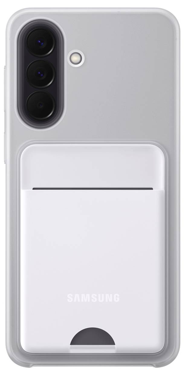 Smartphone Samsung v čiré ochranné obálce s bílým držákem na karty, zobrazující trojitý zadní fotoaparát a blesk.
