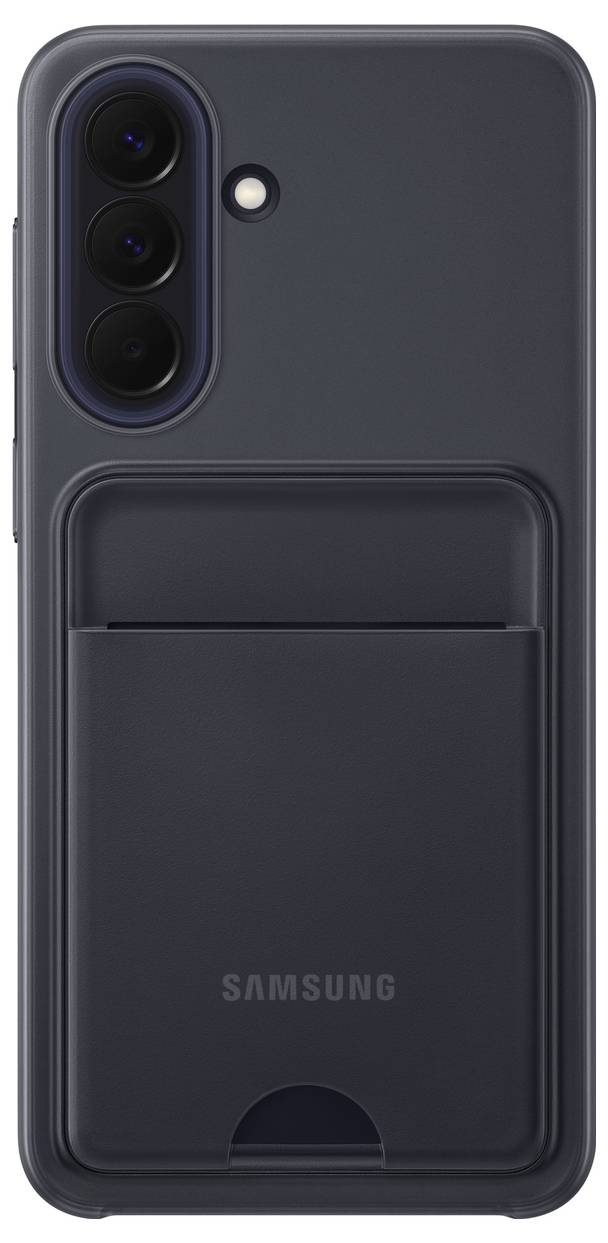 Zadní strana tmavě šedého smartphonu Samsung se třemi zadními fotoaparáty, bleskem a velkým připojeným držákem na karty v dolní polovině.