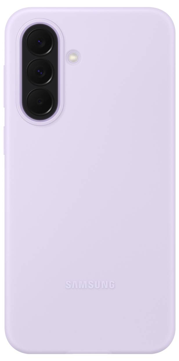 Zadní pohled na lavendu Samsung smartphone s třemi vertikálními objektivy fotoaparátu a bleskem.