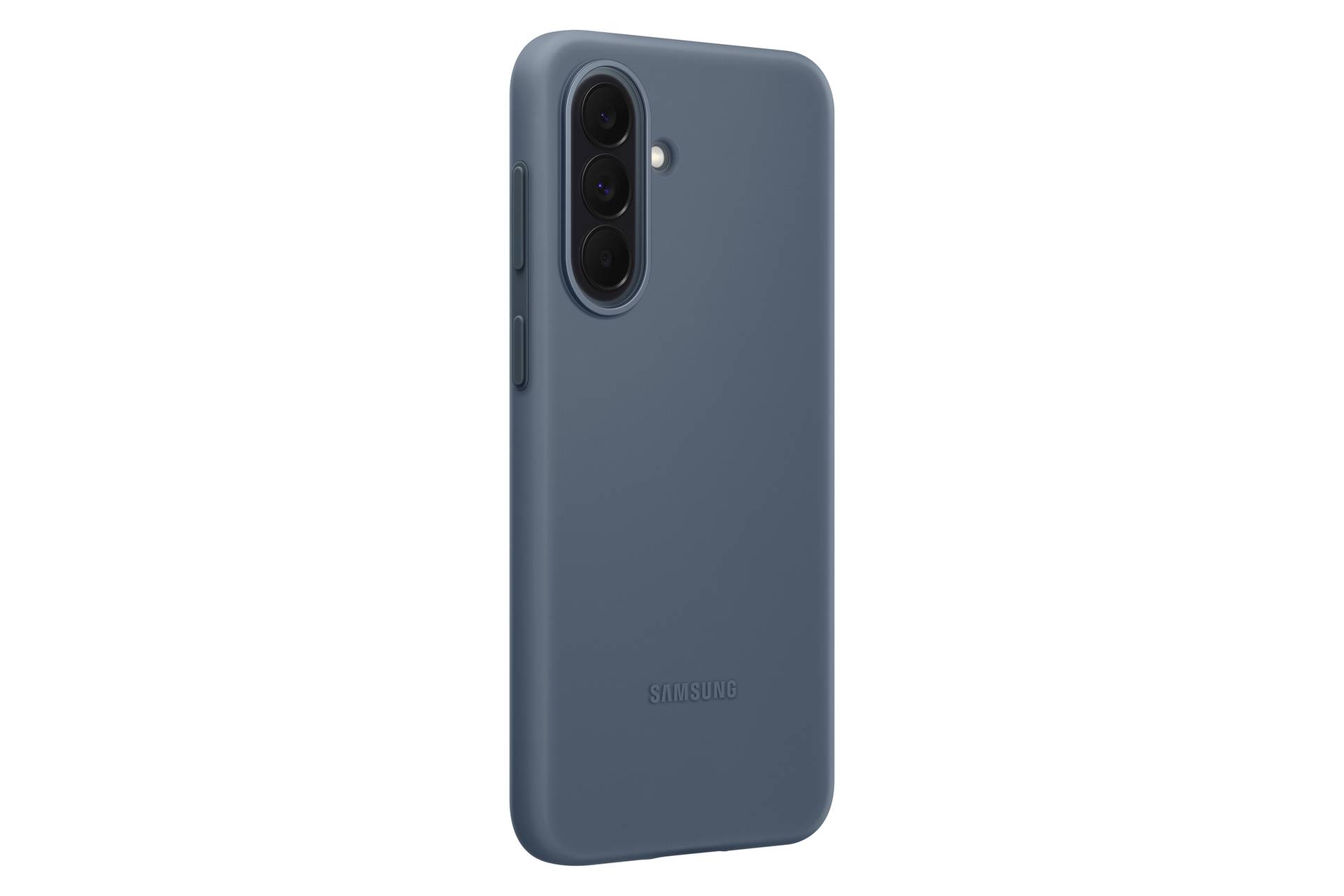 Modrý kryt na smartphone Samsung zobrazený zezadu, s trojitým výřezem pro fotoaparát a jemným logem Samsung.