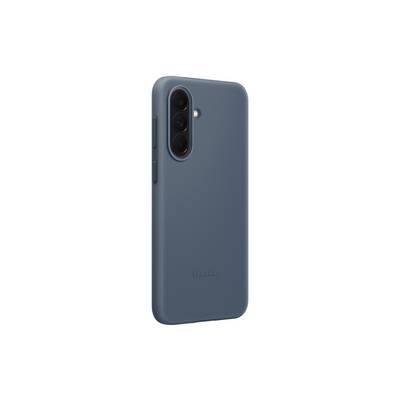 Modrý kryt na smartphone Samsung zobrazený zezadu, s trojitým výřezem pro fotoaparát a jemným logem Samsung.