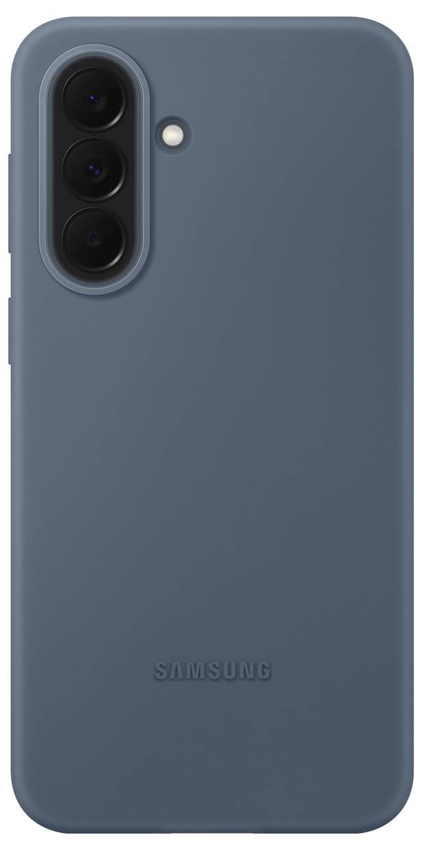 Zadní strana modrého pouzdra na chytrý telefon Samsung s trojitým zadním fotoaparátem a zábleskem ve vertikálním modulu.