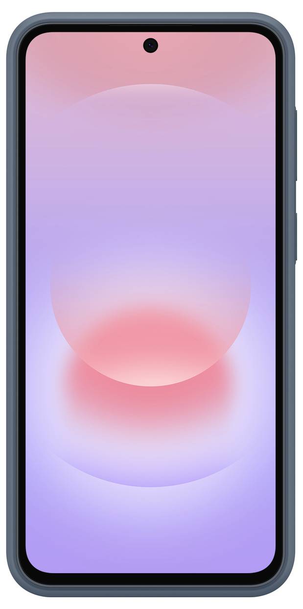 Přední pohled na smartphone s gradientem obrazovky od růžové k fialové a soustředěným kruhovým designem, zobrazený v tmavém ochranném pouzdře.