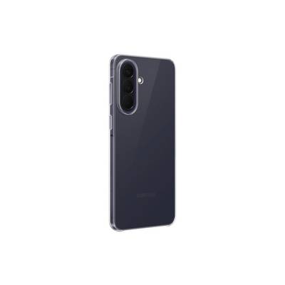 Zadní pohled na tmavý smartphone Samsung se třemi zadními kamerami a jednoduchým bleskem, zobrazen na bílém pozadí.