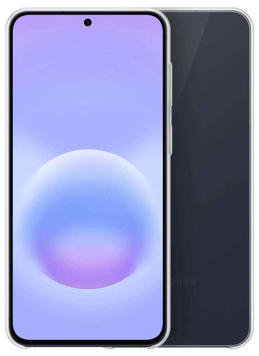 Přední a zadní pohled na smartphone s fialovo-modrým gradientem na displeji a tmavým leskem na zadní straně.
