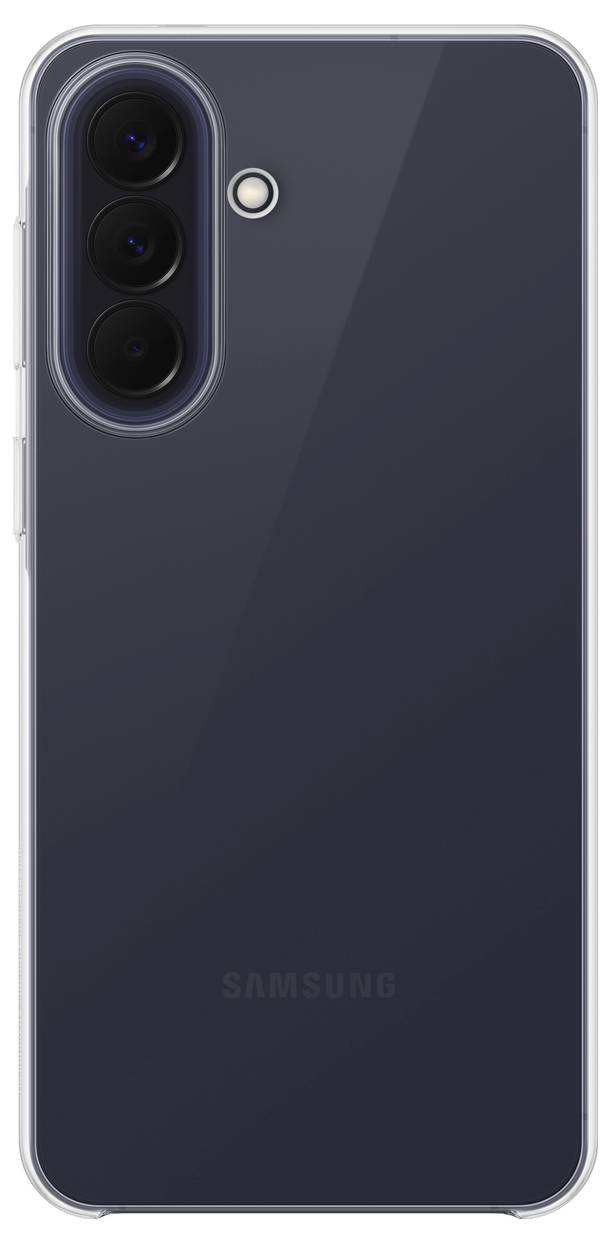 Zad tmavě šedého smartphonu Samsung v průhledném pouzdru, který zobrazuje trojitý modul zadní kamery a blesk v blízkosti levého horního rohu.