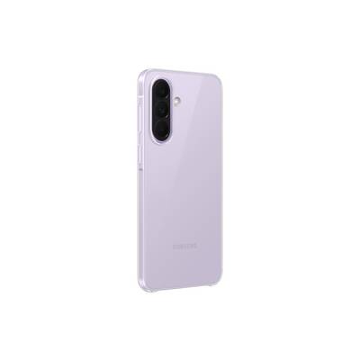 Zadní pohled na světle fialový smartphone Samsung s trojitou zadní kamerou a štíhlým ochranným pouzdrem.