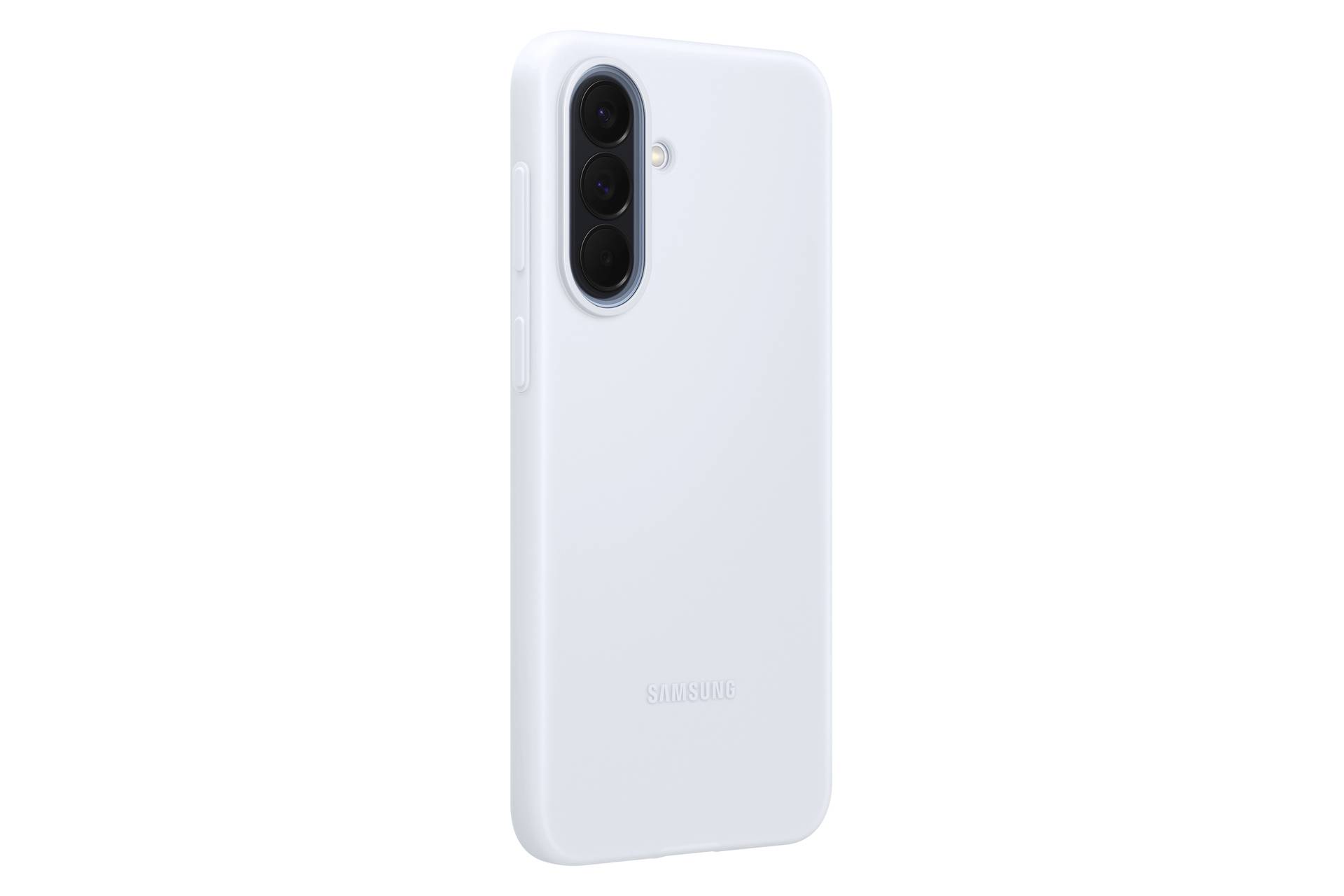 Světle modrý smartphone Samsung zobrazený zezadu, s vertikálním trojitým fotoaparátem a malou LED lampou umístěnou v blízkosti levého horního rohu.