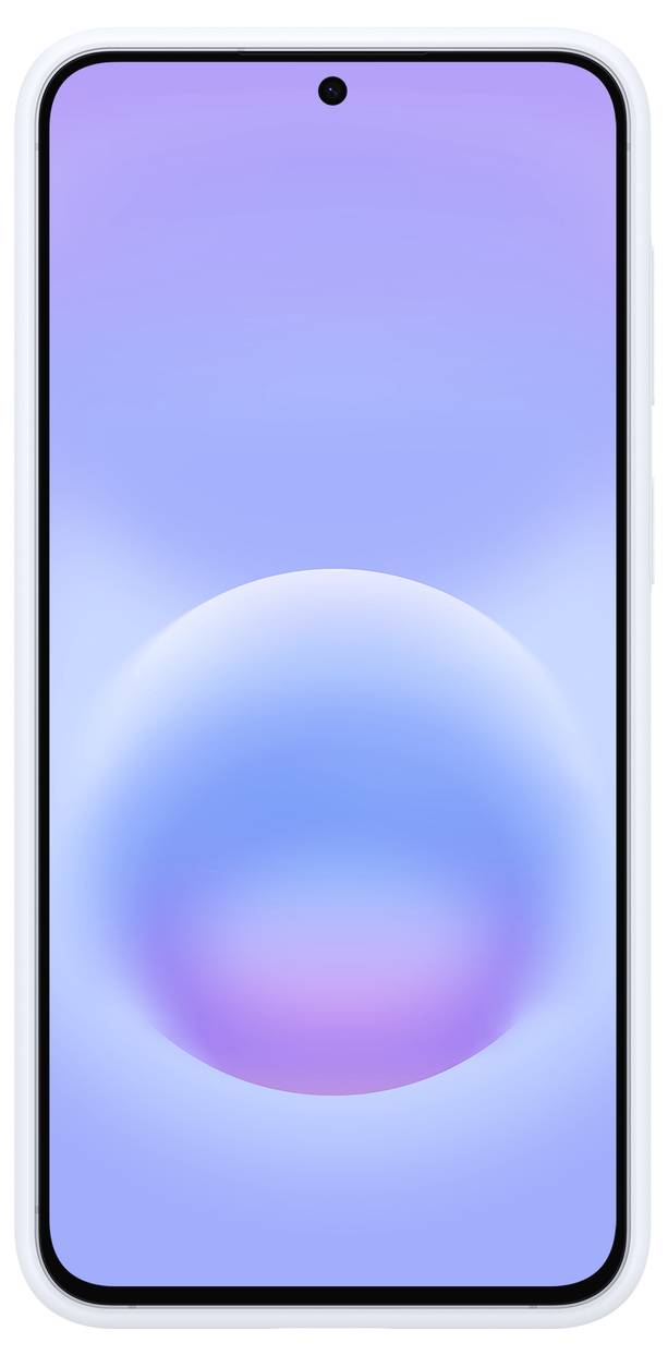 Přední pohled na smartphone se středově umístěnou dírkovou kamerou a modro-fialovou abstraktní tapetou.