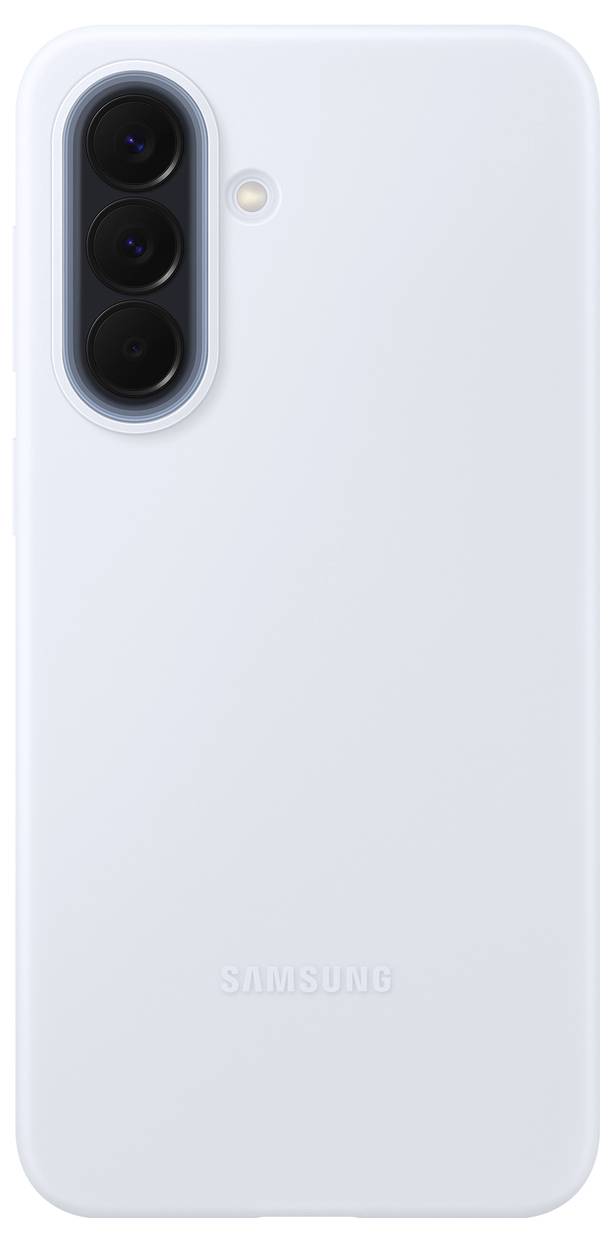 Zadní strana bílého smartphonu Samsung ukazující vertikální trojitý fotoaparát a blesk v blízkosti levého horního rohu.