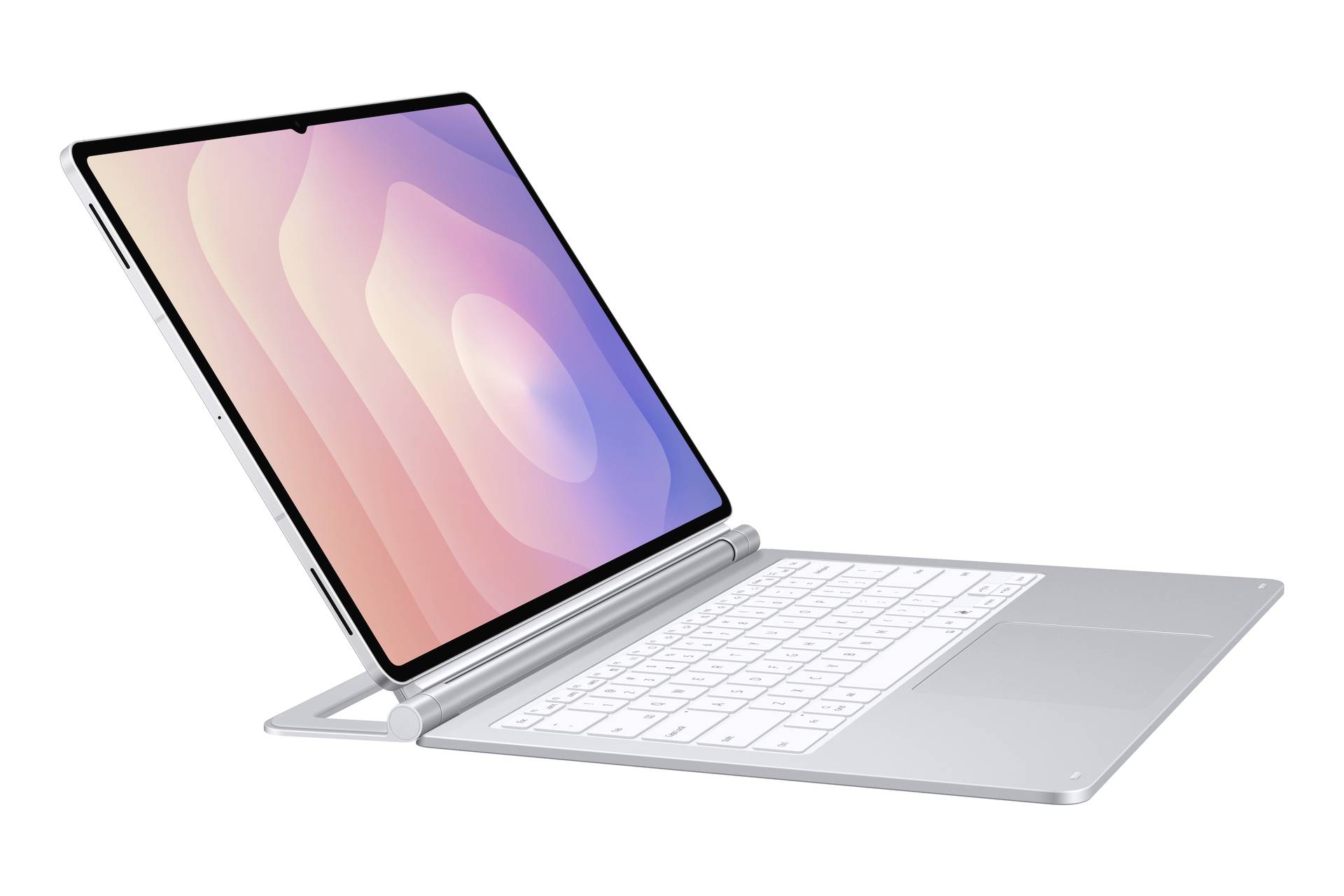 Stříbrný laptop se skládacím dotykovým displejem nastaveným do vzpřímené polohy, zobrazujícím růžově-fialovou abstraktní tapetu a připojenou klávesnici.