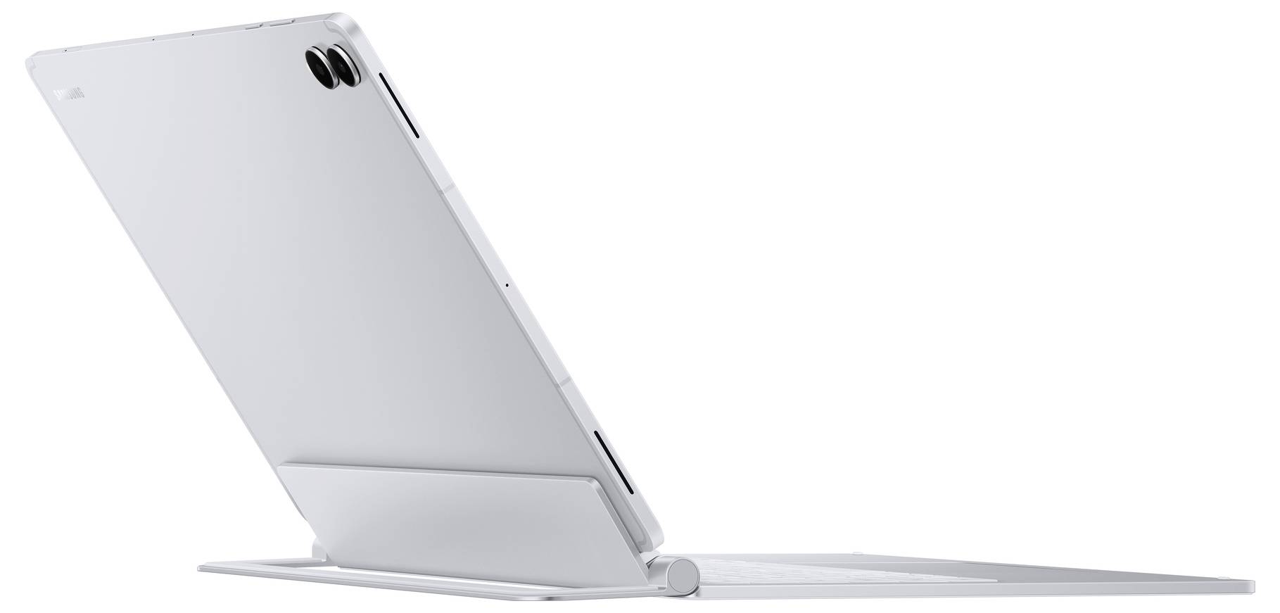 Stříbrný 2v1 laptop zobrazený z boku, částečně složený na své podstavci proti bílému pozadí.