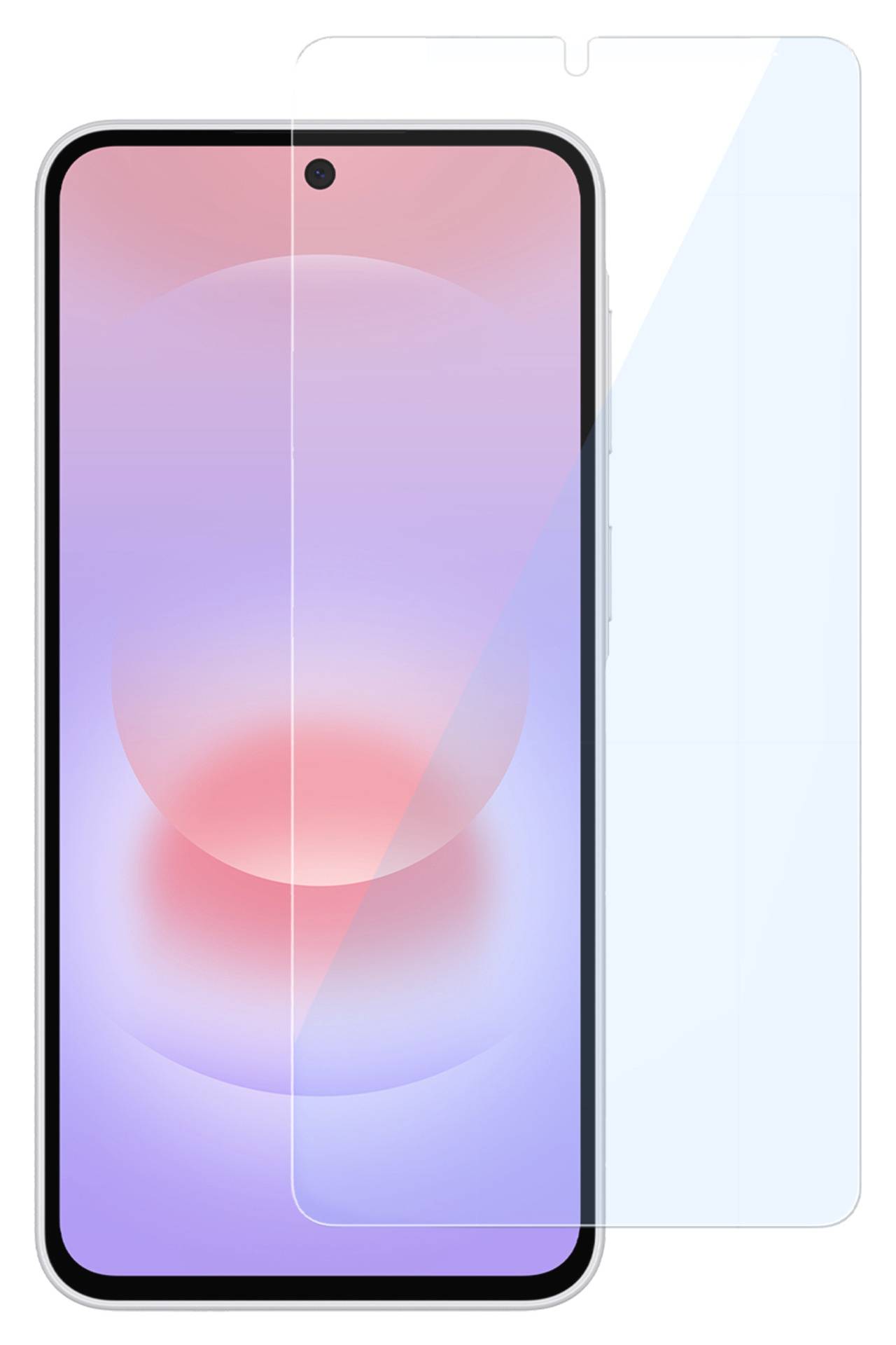 Přední pohled na chytrý telefon s růžovo-fialovou obrazovkou, zobrazený vedle průhledné ochranné fólie na sklo, která demonstruje velikost a krytí.