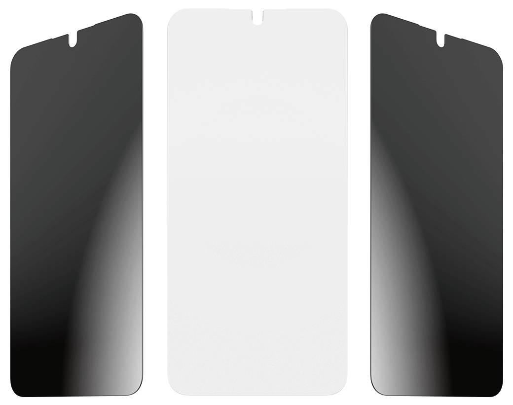 Tři fólie na ochranu obrazovky smartphonu zobrazené vedle sebe, s jednou čirými středními ochranou a dvěma tmavými okrajovými ochrannami.