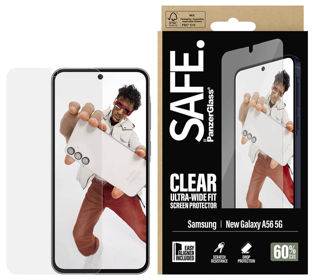 Obrázek produktu ochranného skla Samsung Galaxy A56 5G, zobrazující telefon s nainstalovaným čirým ochranným sklem a obalem označeným 'SAFE. PanzerGlass' a 'CLEAR ultra-wide fit'.