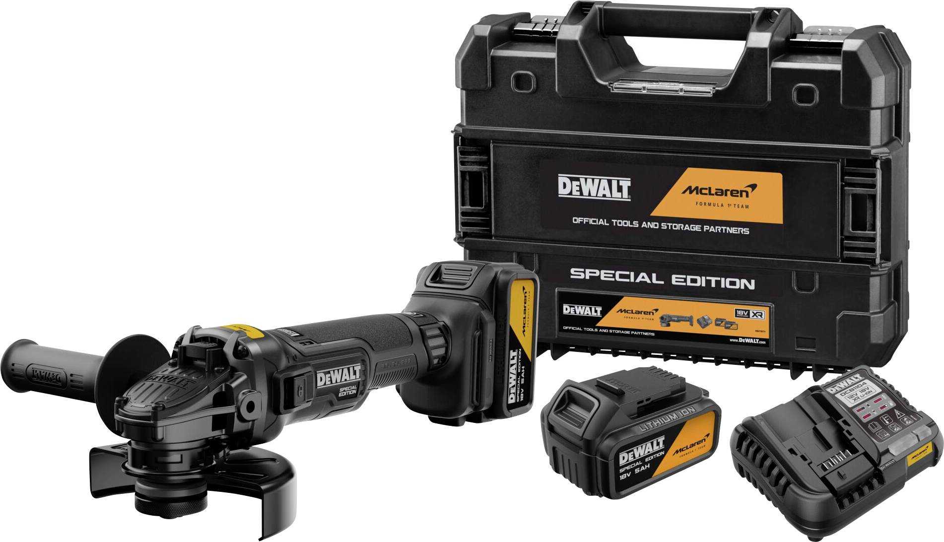 Speciální edice DeWalt x McLaren bezdrátové úhlové brusky se dvěma bateriemi, nabíječkou a přepravním pouzdrem.