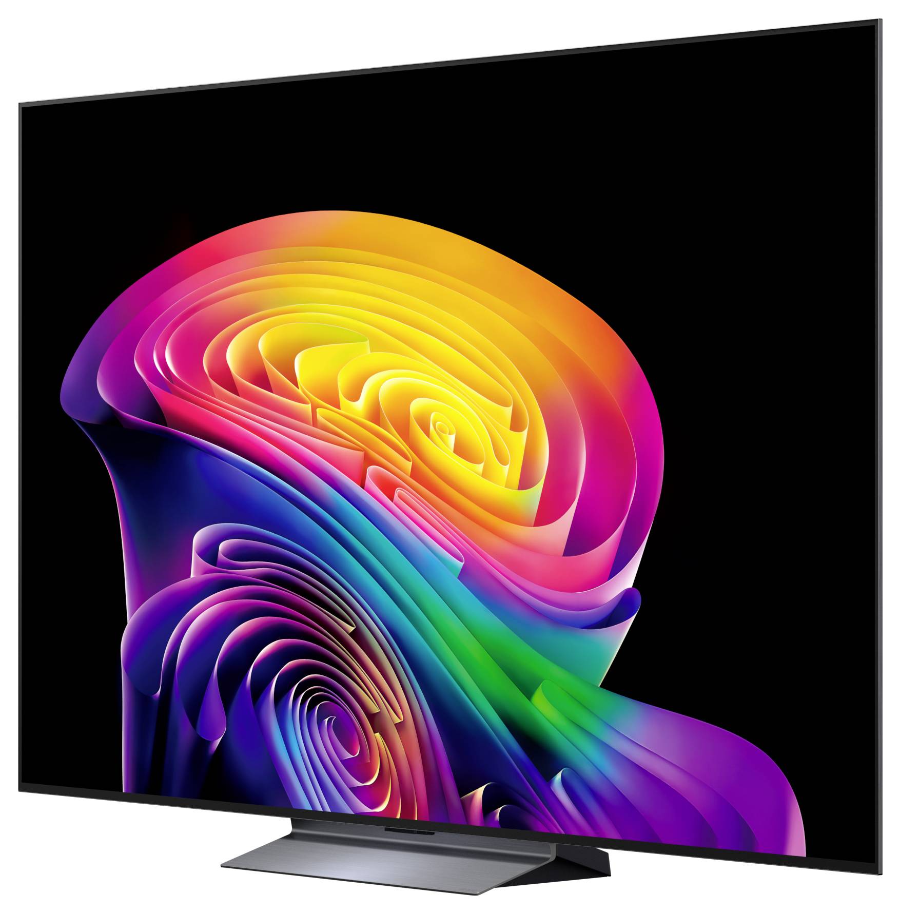 Plochá televize se zobrazením barevné abstraktní spirály na černém pozadí, umístěná na stojanu.