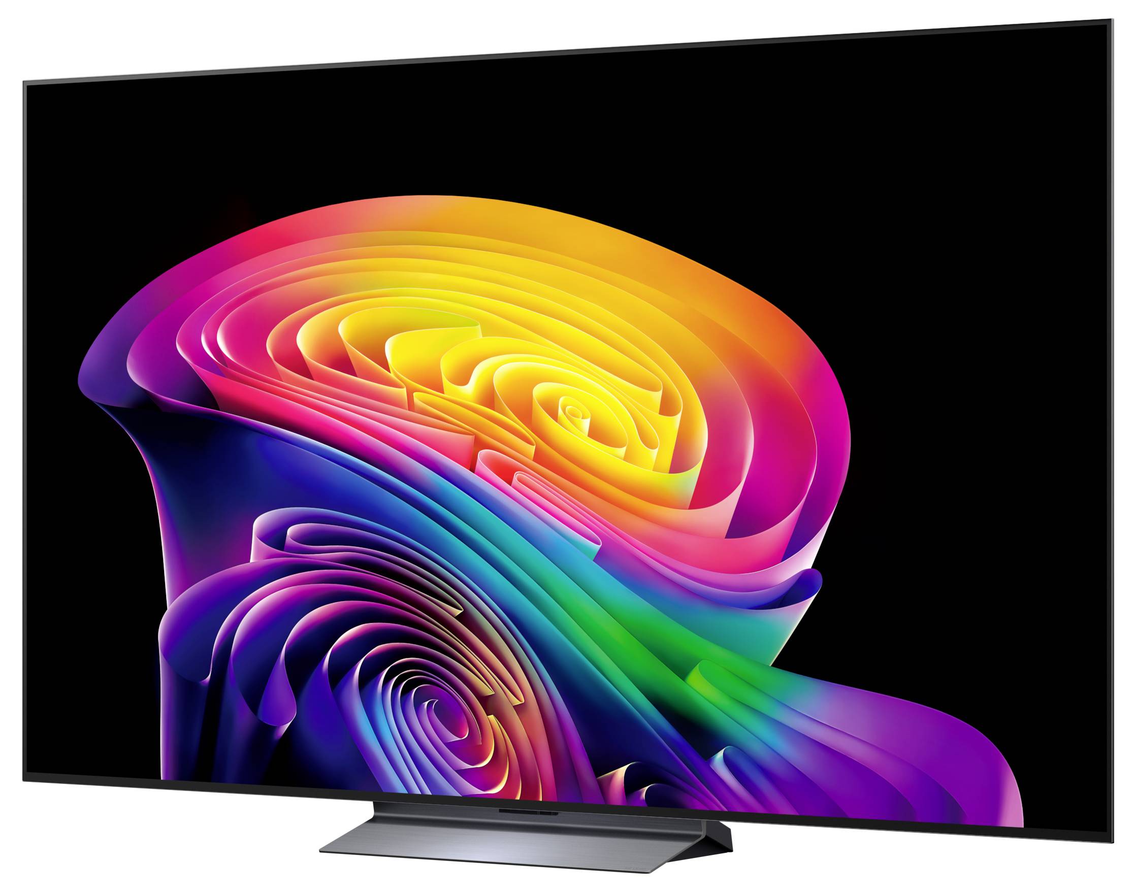 Plochý televitor zobrazuje barevný abstraktní spirálový vzor na černém pozadí, ukazující živou duhovitou vířící tapetu.