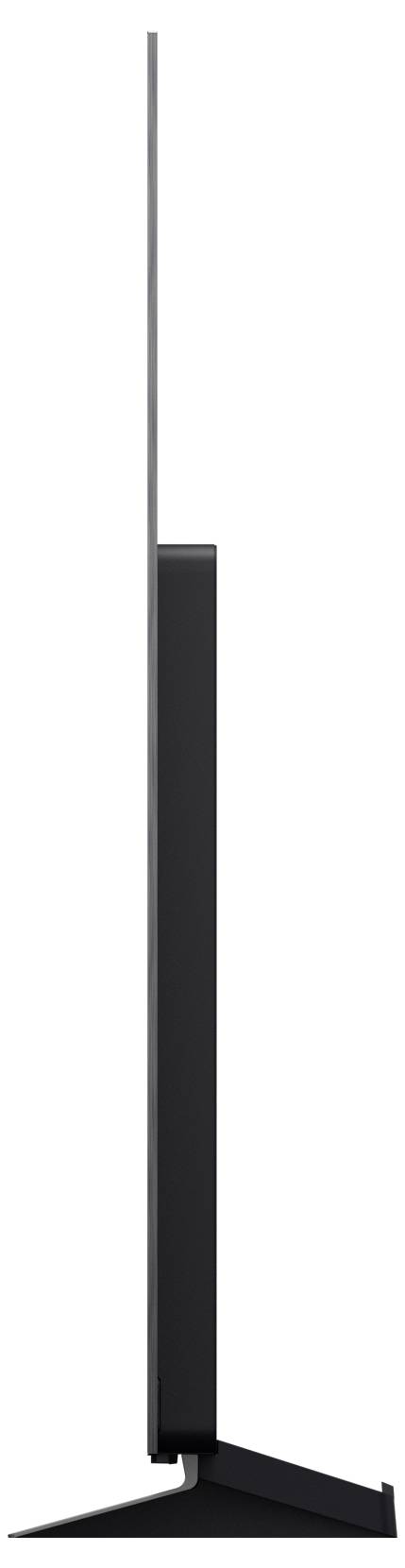 Minimalistická černá stojací lampa s vysokou štíhlou nohou a úzkou obdélníkovou svítilnou hlavou na trojúhelníkovém podstavci.