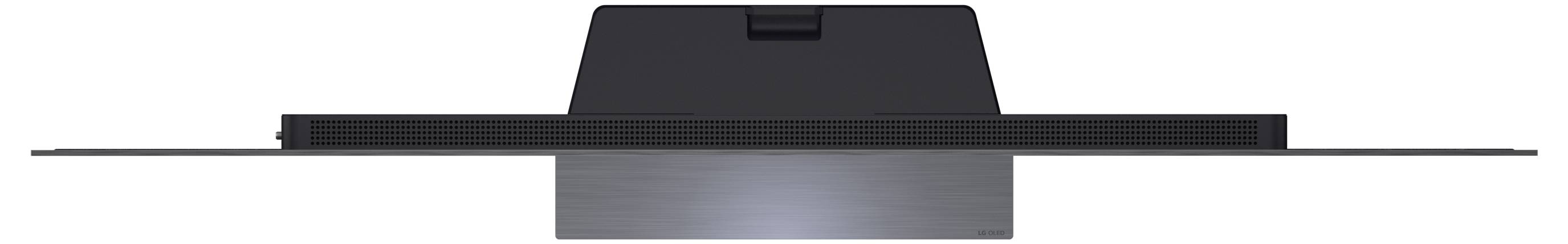 Tenký vodorovný elektronický přístroj zobrazený z boční strany se centrálním zvýšeným černým modulem a tenkými rozšířenými okraji na bílém pozadí.