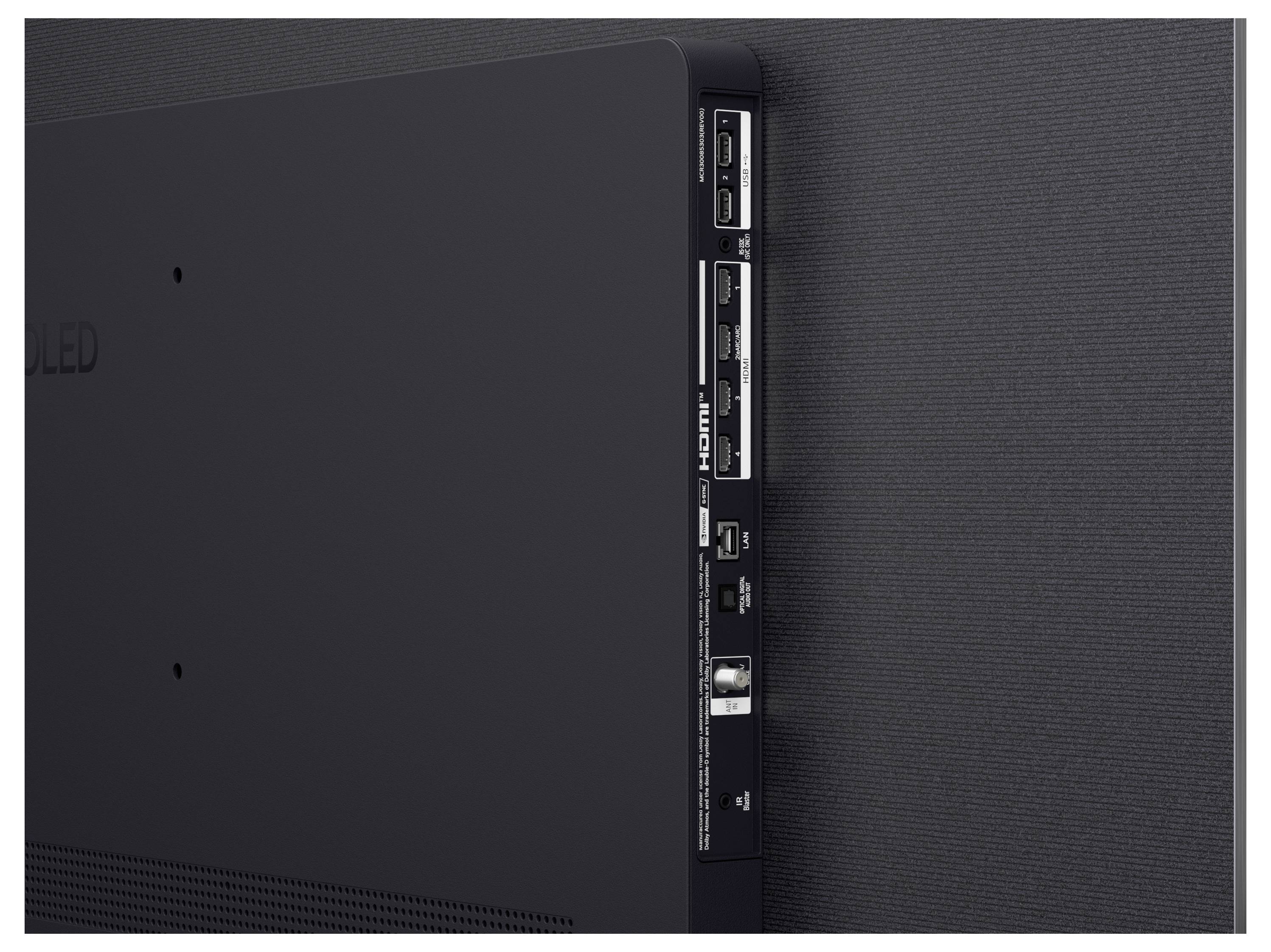 Zadní strana nástěnného OLED televize zobrazující porty HDMI, USB a napájení na bočním panelu proti strukturovanému tmavému zdi.