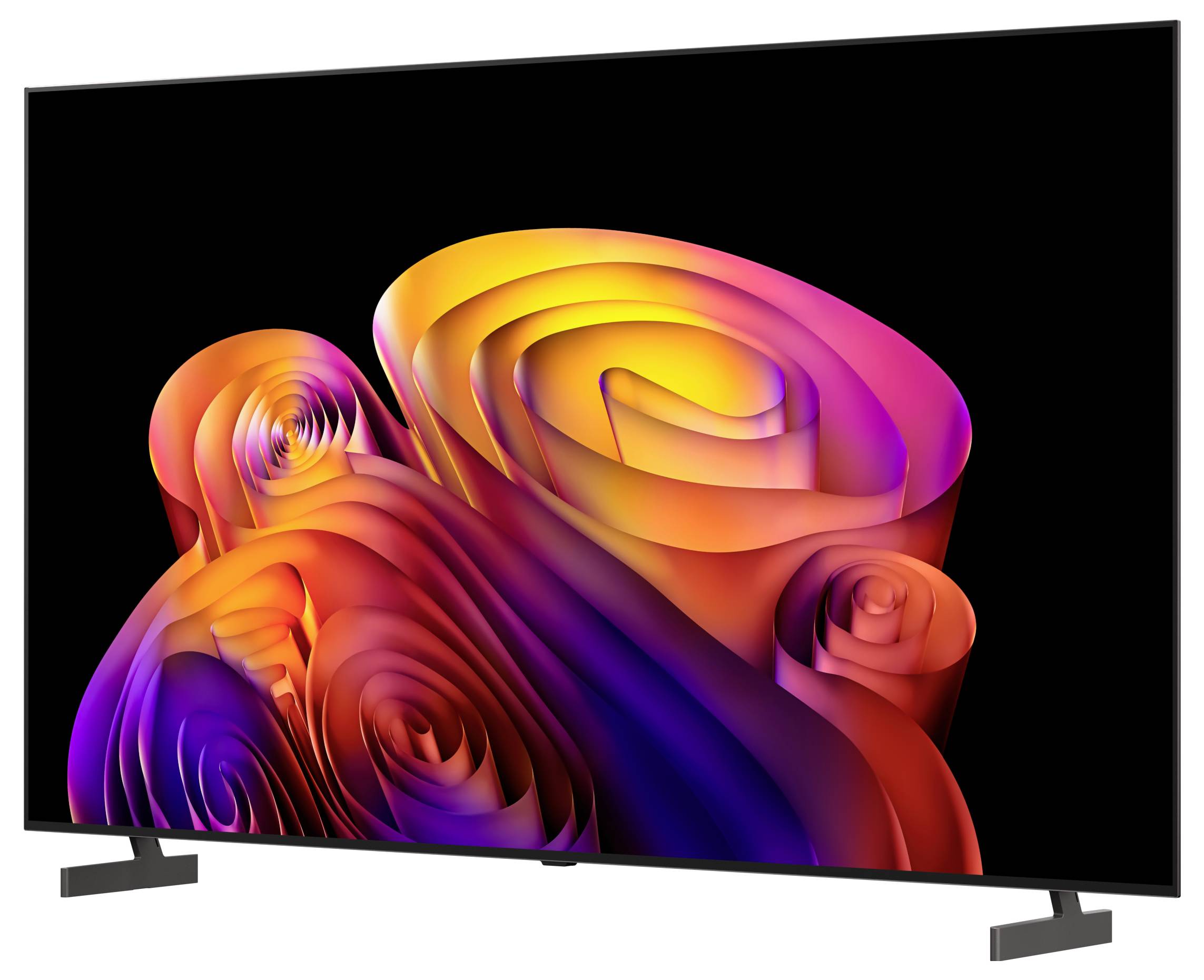 Televizor s plochou obrazovkou zobrazující barevné abstraktní 3D spirálovité grafiky na černé obrazovce.