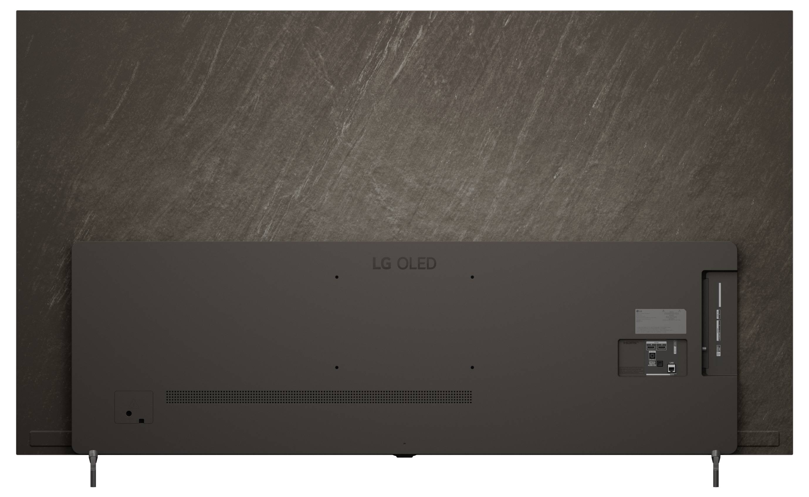 Zadní pohled na plochý OLED televizi LG připevněný na stěnu, ukazující porty, nohy stojanu a kabelová připojení.