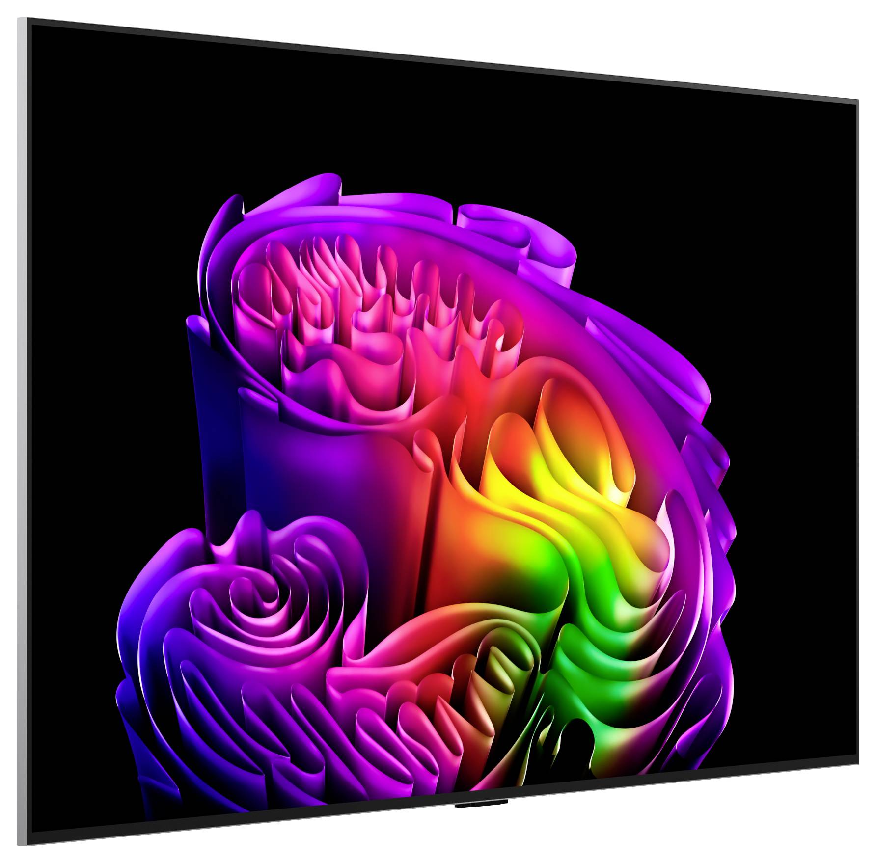 Abstraktní barevné 3D digitální dílo se spirálovitými neonovými tvary v purpurové, růžové, červené, žluté a zelené barvě na černém pozadí.