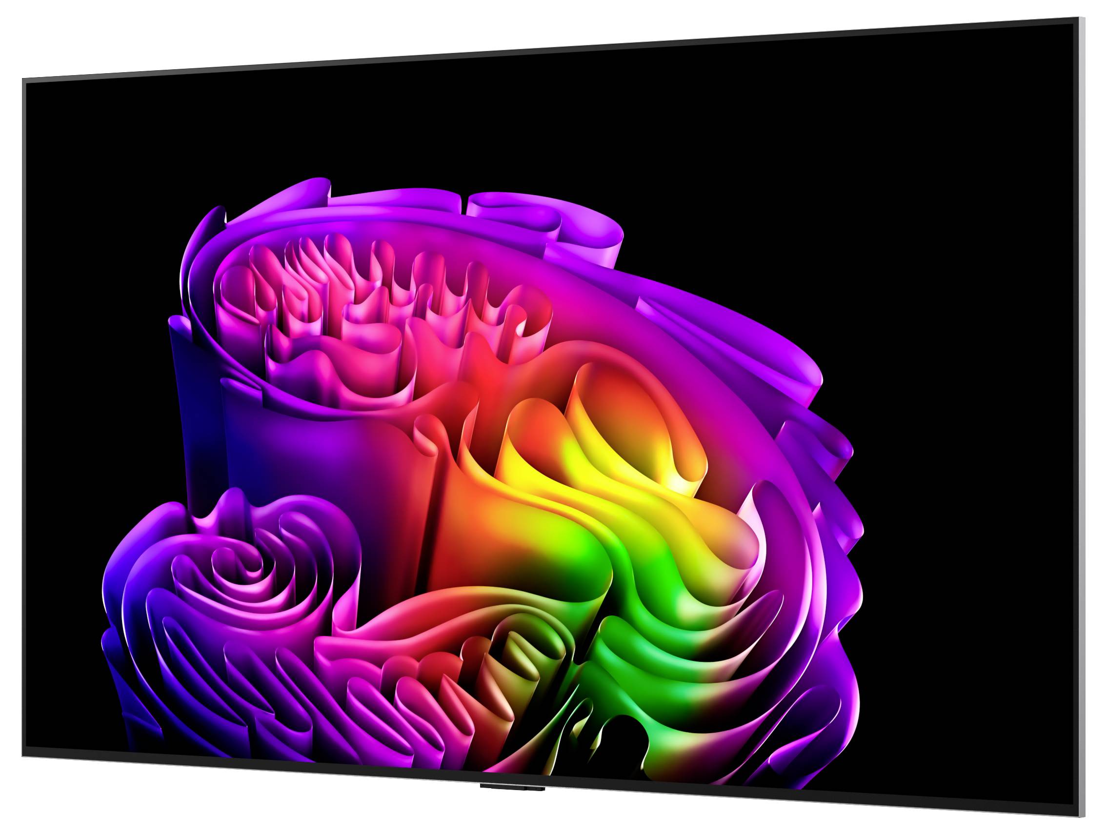 Abstraktní 3D vícebarevný složený pás nebo květinárodní tvar na černé obrazovce s gradientem purpurové, růžové, oranžové, žluté a zelené barvy.