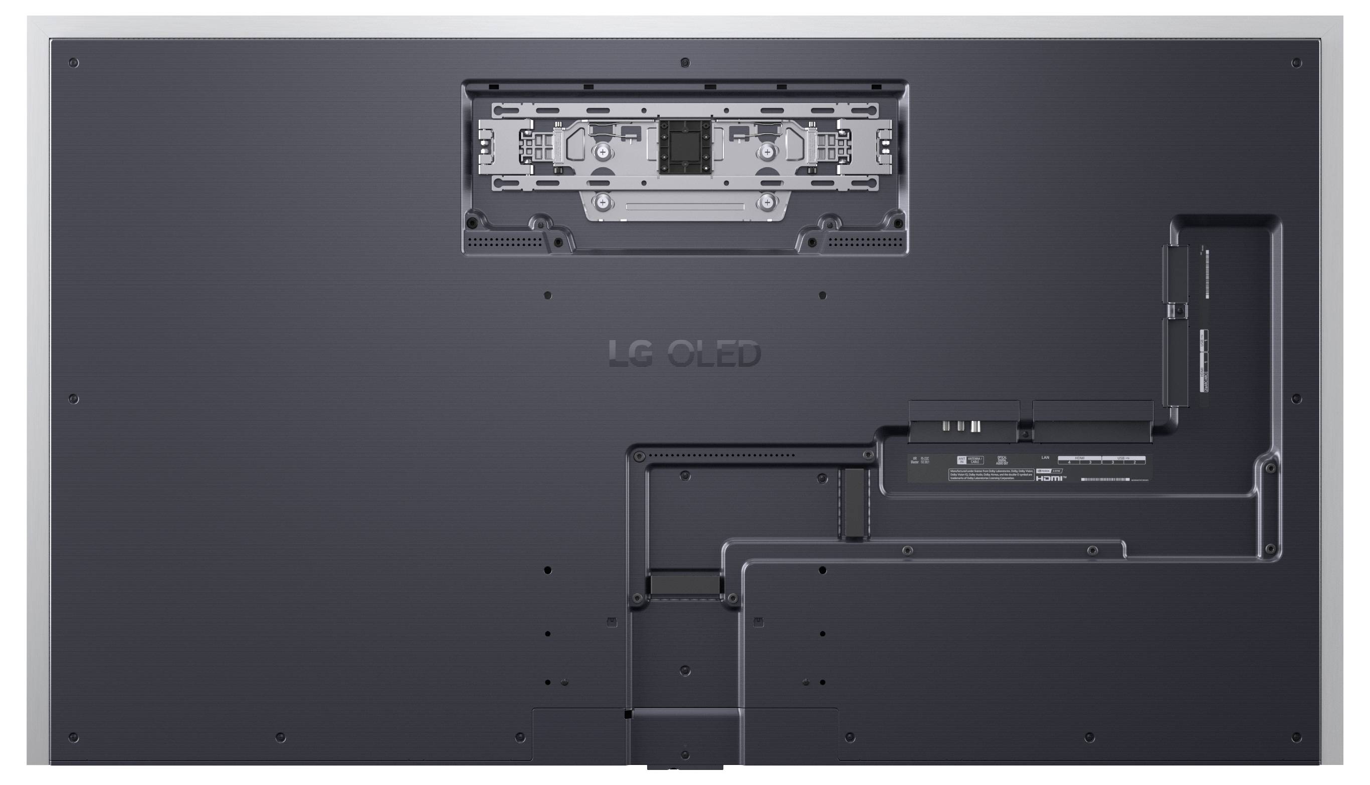 Zadní pohled na LG OLED TV zobrazující centrální oblast upevnění, kanály pro vedení kabelů a porty na pravé straně.