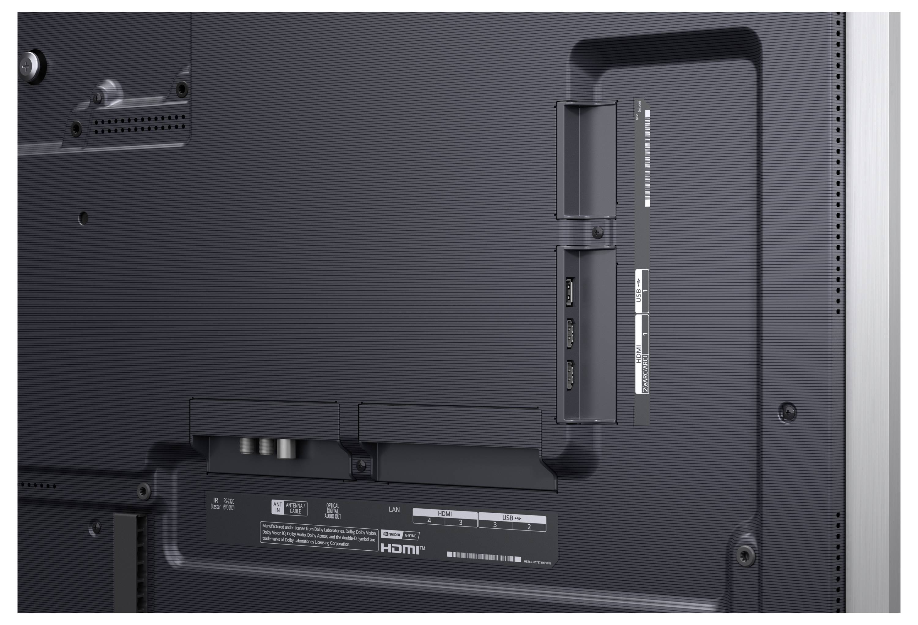 Zadní strana televize ukazující zapuštěný panel portů s HDMI a dalšími vstupními konektory, plus body pro připevnění na zeď.