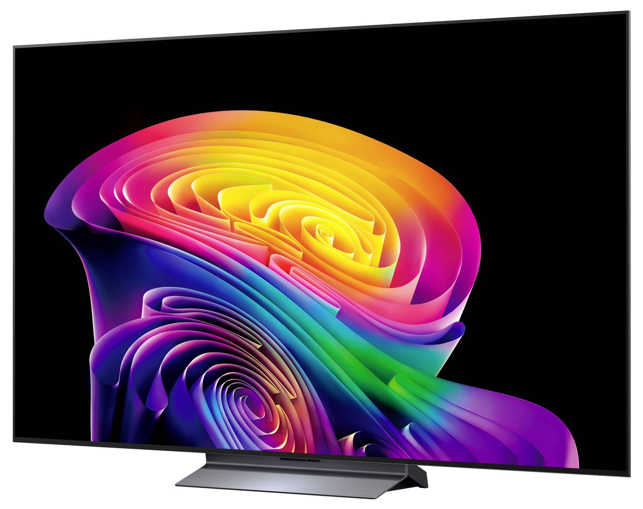 Plochá televize zobrazující barevnou abstraktní duhu ve tvaru spirály na černém pozadí, umístěná na stojanu.