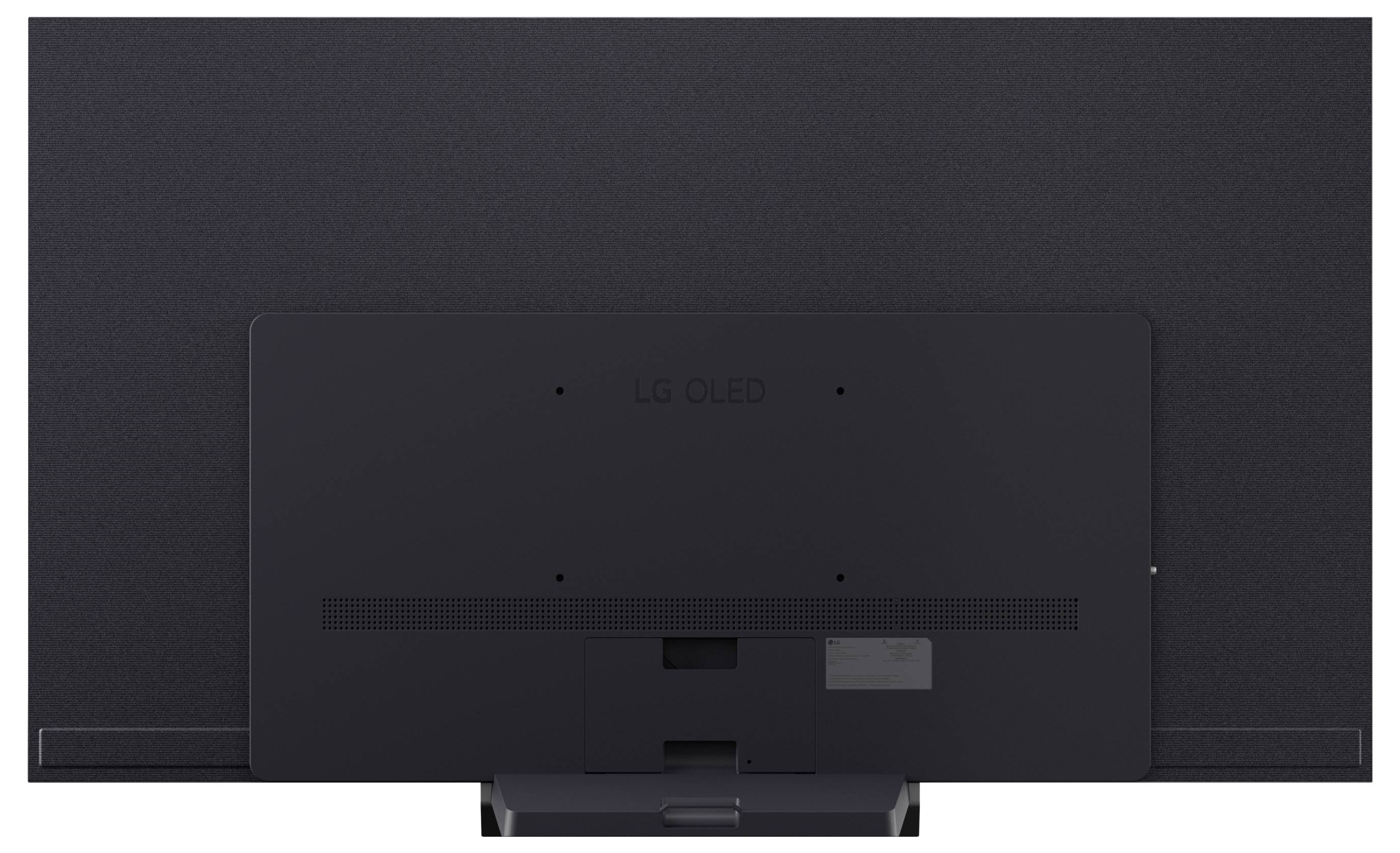 Pohled zezadu na televizi LG OLED na stojanu, zobrazující zadní panel a porty pro kabely.