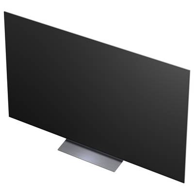Elegantní černý plochý televizor na stříbrném podstavci zobrazený v úhlu na bílém pozadí.