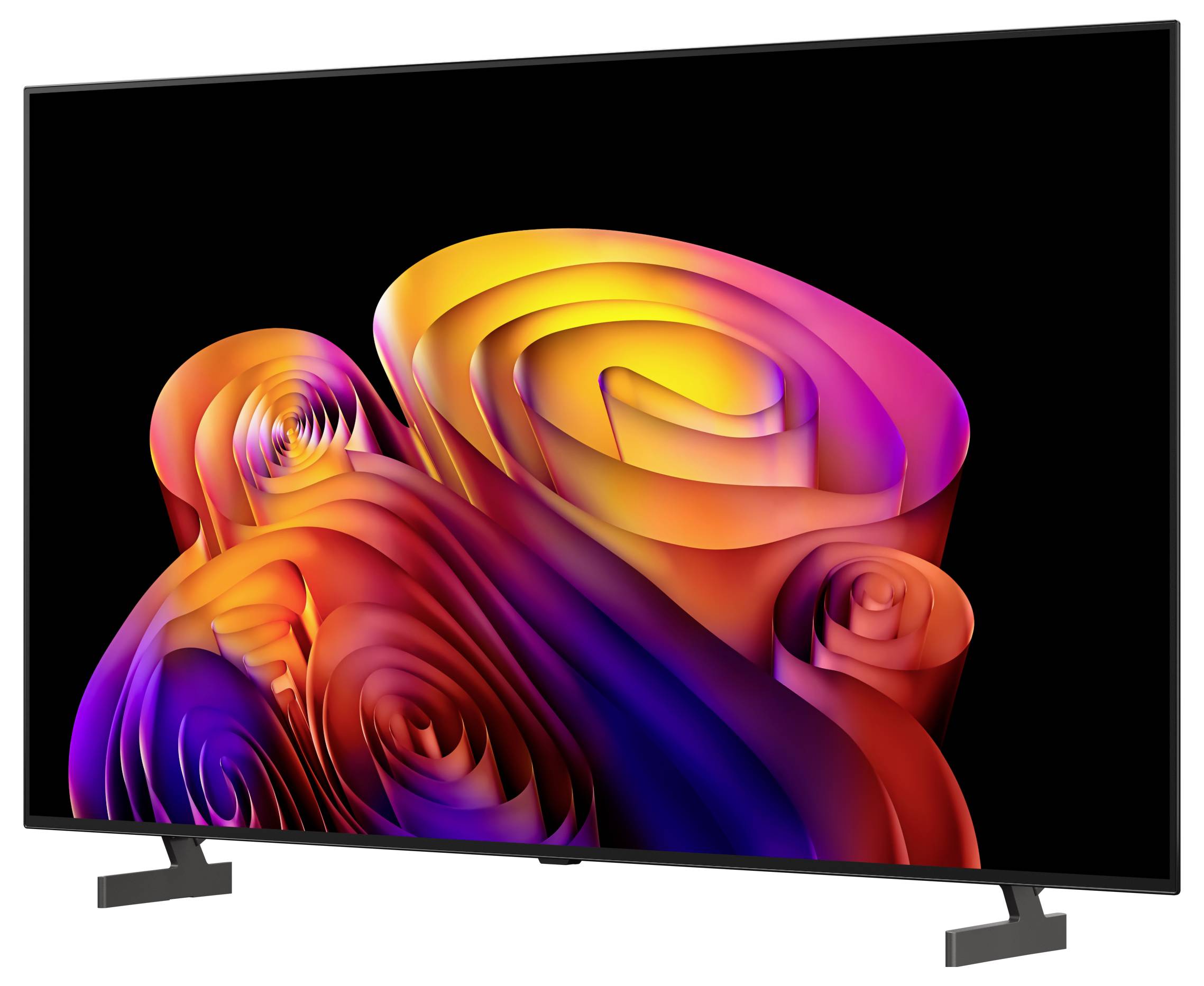 Plochá obrazovka televize zobrazující barevný abstraktní 3D vírový vzor na černém pozadí.
