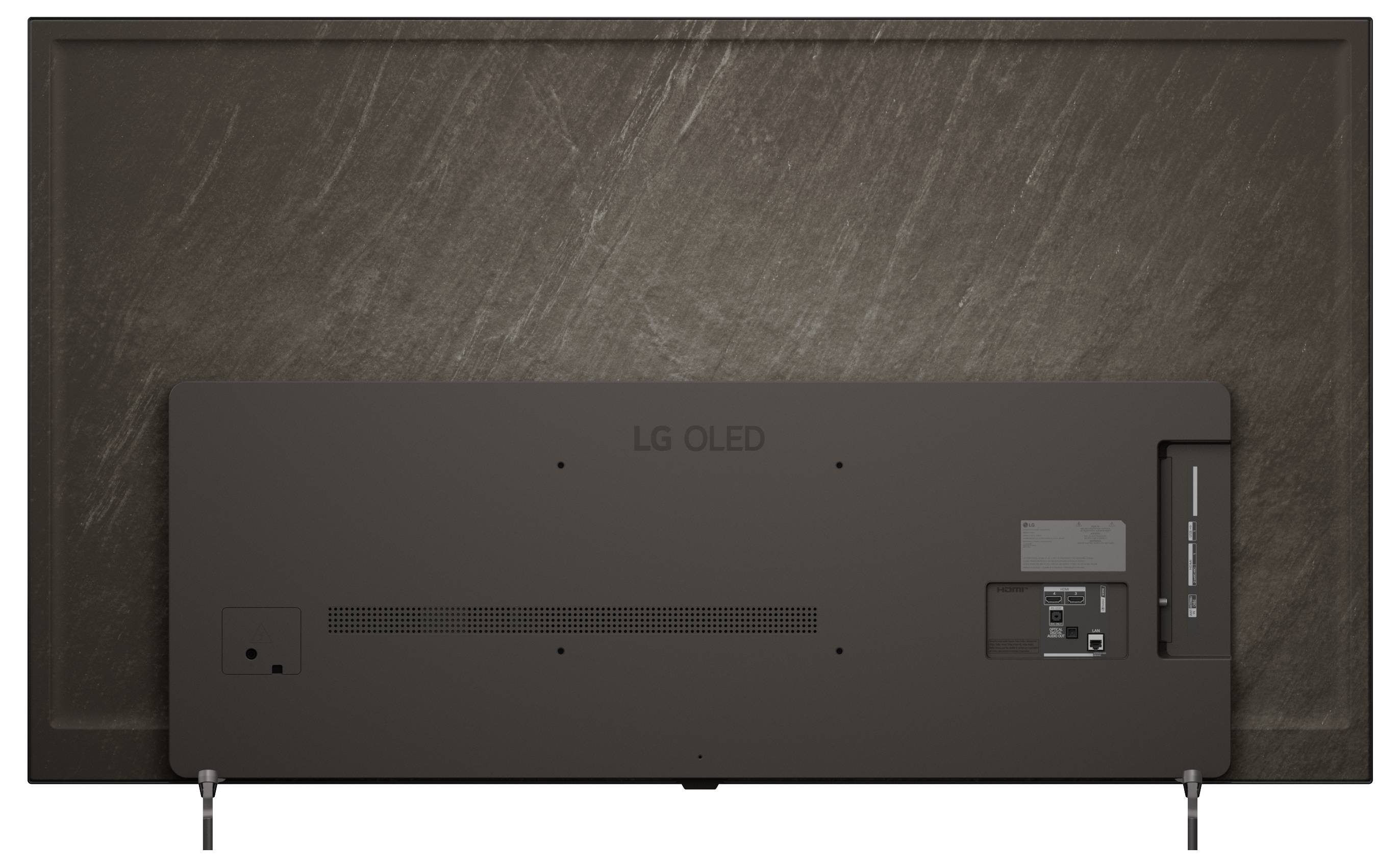 Zadní pohled na OLED TV od LG na stojanu, který zobrazuje zadní panel, porty a kryt kabelů před tmavou stěnou.